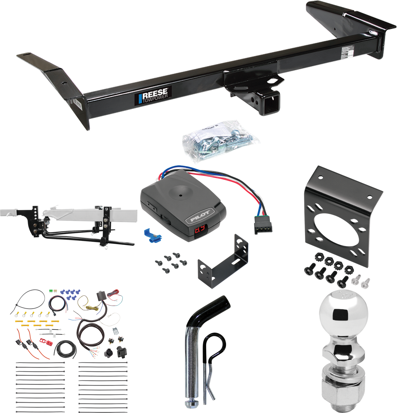 Fits 1998-2009 Ford Crown Victoria Trailer Hitch Tow PKG w/ 6K Round Bar Weight Distribution Hitch w/ 2-5/16" Ball + 2" Ball + Pin/Clip + Pro Series Pilot Brake Control + 7-Way RV Wiring By Reese Towpower