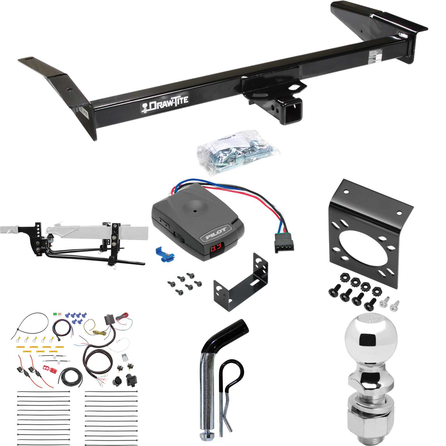 Se adapta al paquete de enganche de remolque Lincoln Town Car 1981-2011 con enganche de distribución de peso de barra redonda 6K con bola de 2-5/16" + bola de 2" + pasador/clip + control de freno piloto serie Pro + cableado RV de 7 vías por sorteo -Tita