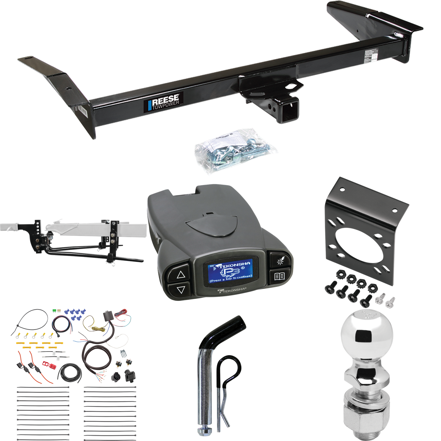 Fits 1998-2009 Ford Crown Victoria Trailer Hitch Tow PKG w/ 6K Round Bar Weight Distribution Hitch w/ 2-5/16" Ball + 2" Ball + Pin/Clip + Tekonsha Prodigy P3 Brake Control + 7-Way RV Wiring By Reese Towpower