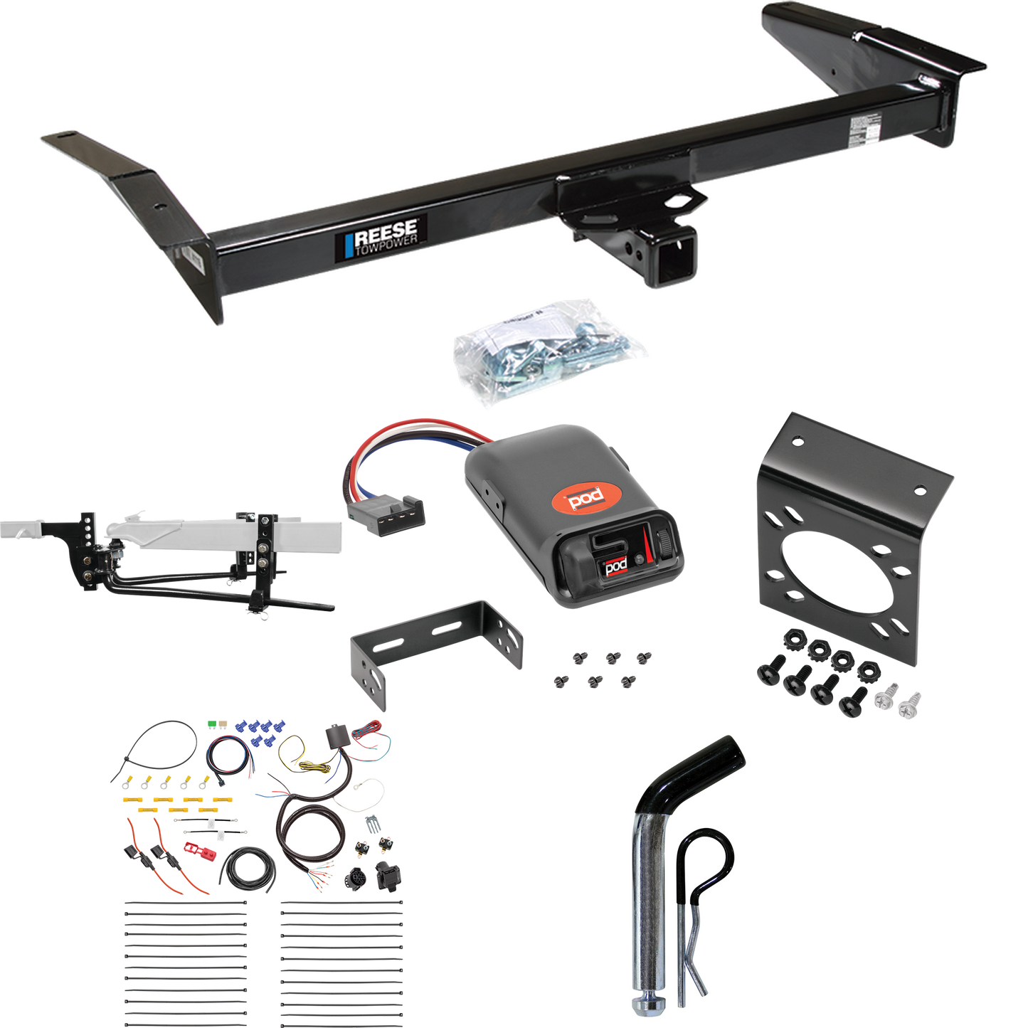 Fits 2003-2004 Mercury Marauder Trailer Hitch Tow PKG w/ 6K Round Bar Weight Distribution Hitch w/ 2-5/16" Ball + Pin/Clip + Pro Series POD Brake Control + 7-Way RV Wiring By Reese Towpower