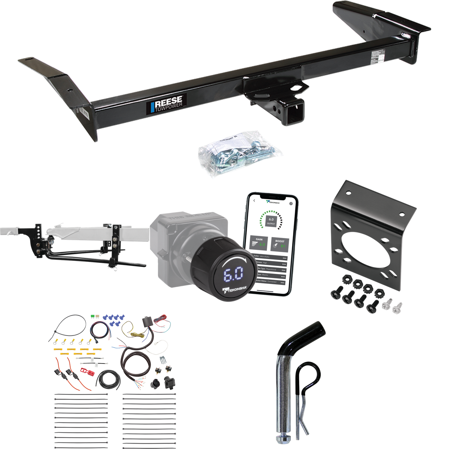 Fits 1981-2011 Lincoln Town Car Trailer Hitch Tow PKG w/ 6K Round Bar Weight Distribution Hitch w/ 2-5/16" Ball + Pin/Clip + Tekonsha Prodigy iD Bluetooth Wireless Brake Control + 7-Way RV Wiring By Reese Towpower