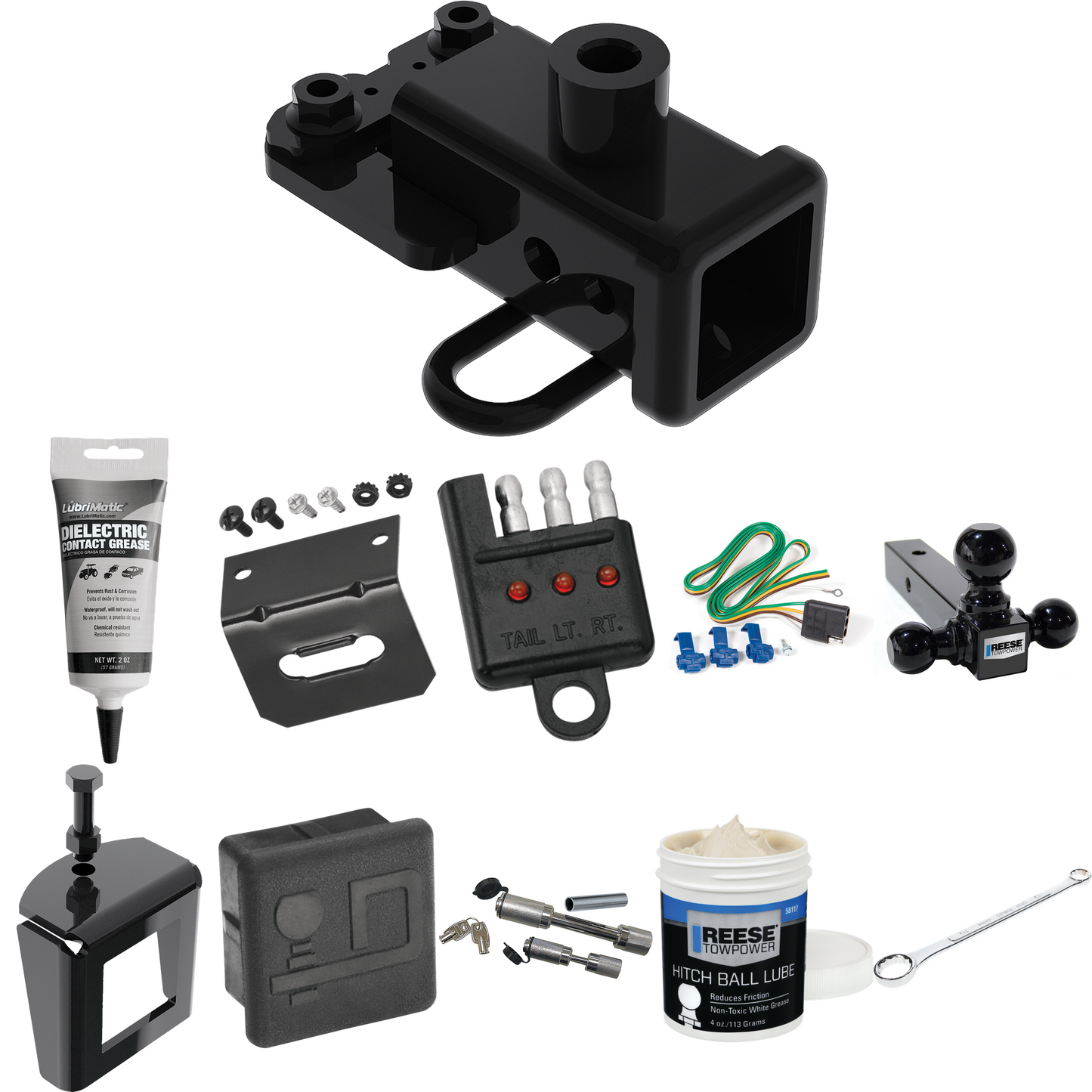 Fits 2019-2023 RAM 1500 Trailer Hitch Tow PKG w/ 4-Flat Wiring + Triple Ball Ball Mount 1-7/8" & 2" & 2-5/16" Trailer Balls + Wiring Bracket + Hitch Cover + Dual Hitch & Coupler Locks + Wiring Tester + Ball Lube + Electric Grease + Ball Wrench + Anti