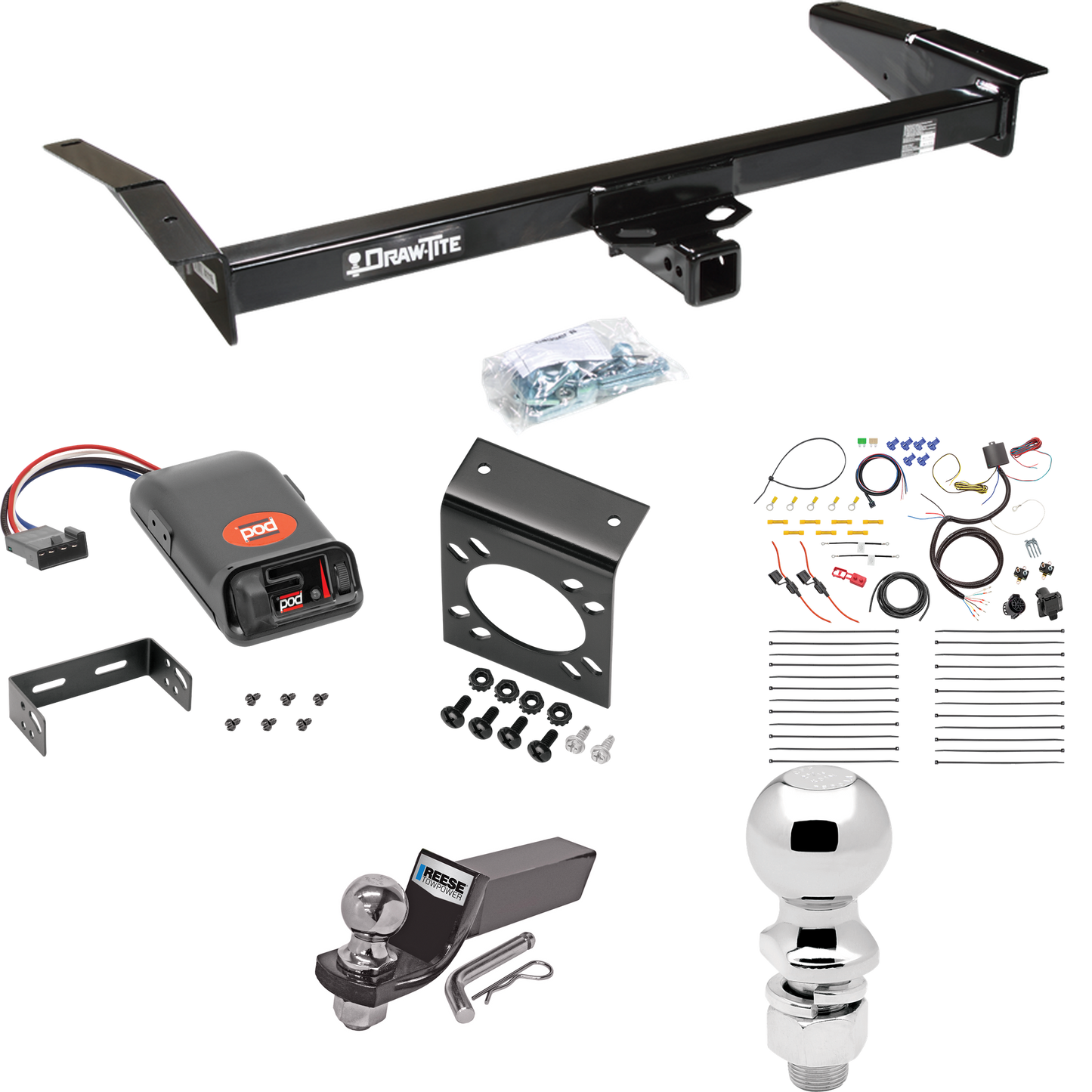 Se adapta al paquete de enganche de remolque Mercury Grand Marquis 1998-2011 con control de freno POD serie Pro + cableado RV de 7 vías + soporte de bola y caída de 2" y 2-5/16" de Draw-Tite