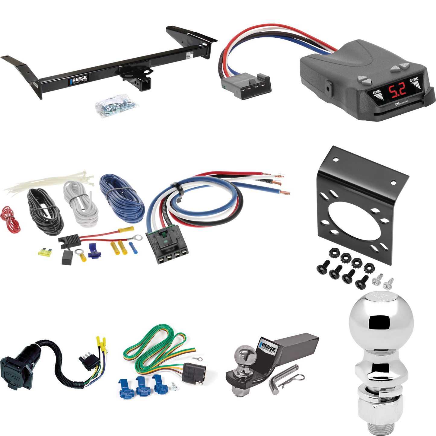 Se adapta al paquete de remolque con enganche para remolque Mercury Grand Marquis 1983-1997 con control de freno Tekonsha Brakeman IV + adaptador de cableado BC genérico + cableado RV de 7 vías + soporte de bola y caída de 2" y 2-5/16" de Reese Towpower