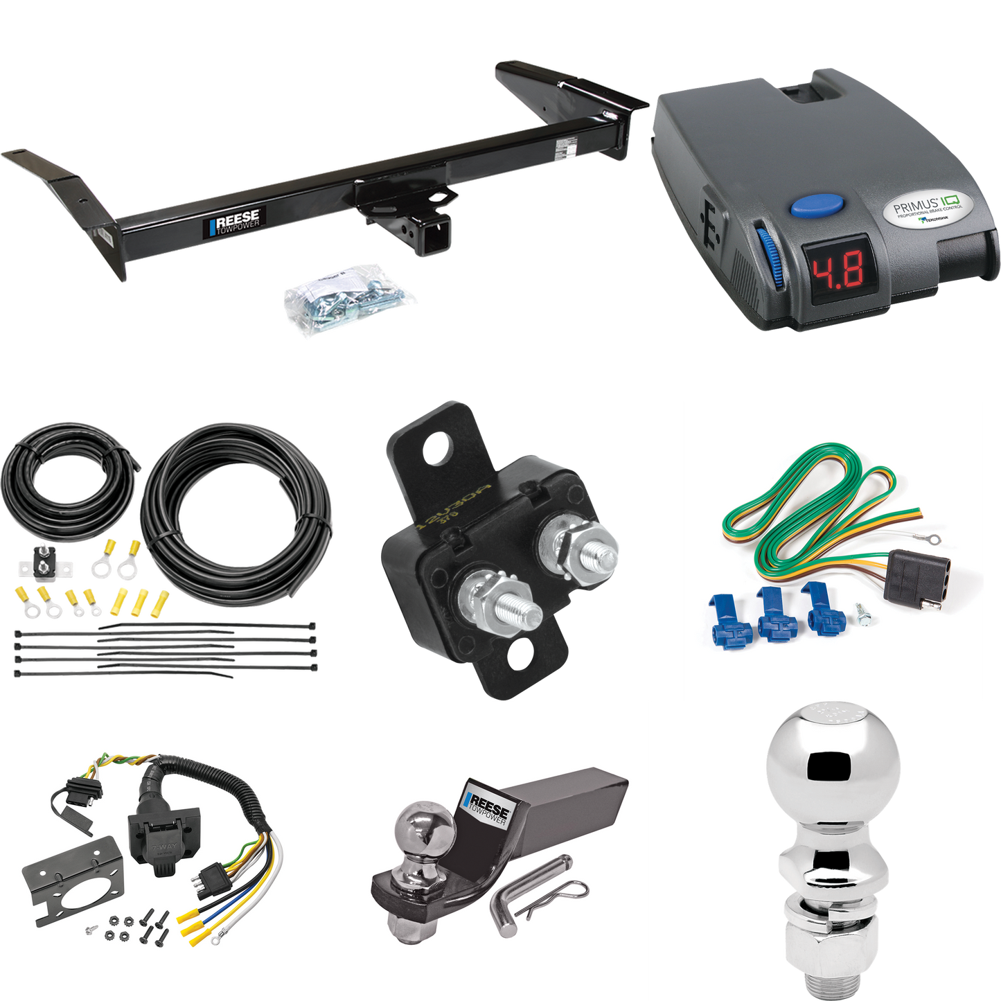 Fits 1983-1997 Mercury Grand Marquis Trailer Hitch Tow PKG w/ Tekonsha Primus IQ Brake Control + 7-Way RV Wiring + 2" & 2-5/16" Ball & Drop Mount By Reese Towpower