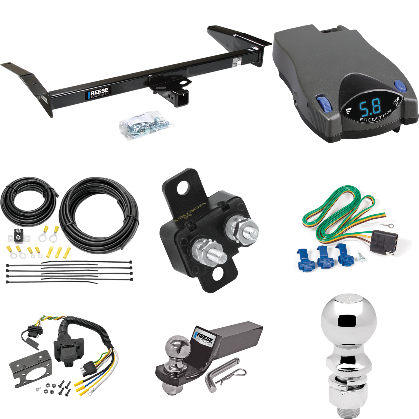 Se adapta al paquete de remolque con enganche para remolque Mercury Grand Marquis 1983-1997 con control de freno Tekonsha Prodigy P2 + cableado RV de 7 vías + soporte de bola y caída de 2" y 2-5/16" de Reese Towpower