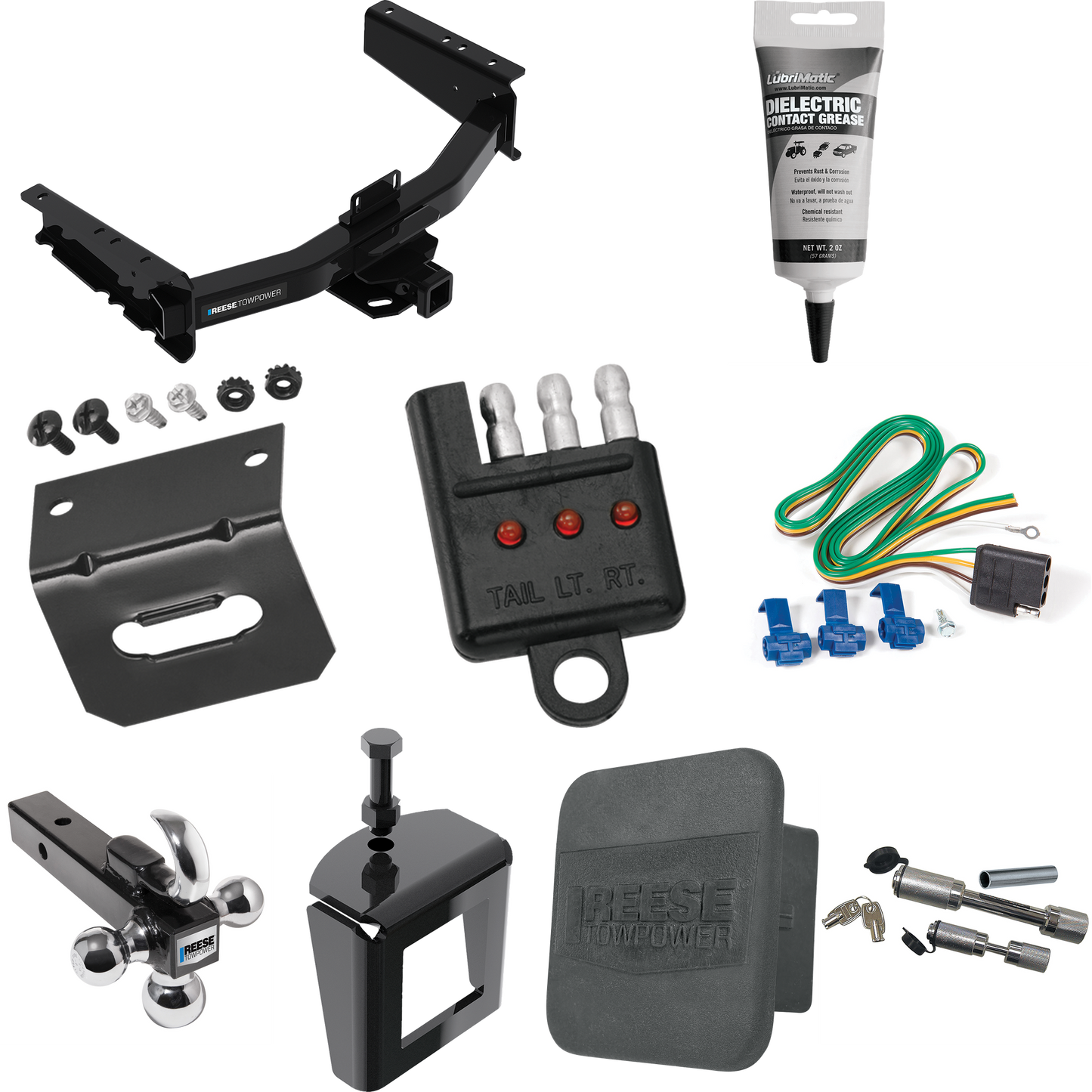 Fits 2019-2023 RAM 1500 Trailer Hitch Tow PKG w/ 4-Flat Wiring Harness + Triple Ball Ball Mount 1-7/8" & 2" & 2-5/16" Trailer Balls w/ Tow Hook + Dual Hitch & Coupler Locks + Hitch Cover + Wiring Bracket + Wiring Tester + Electric Grease + Anti Rattl