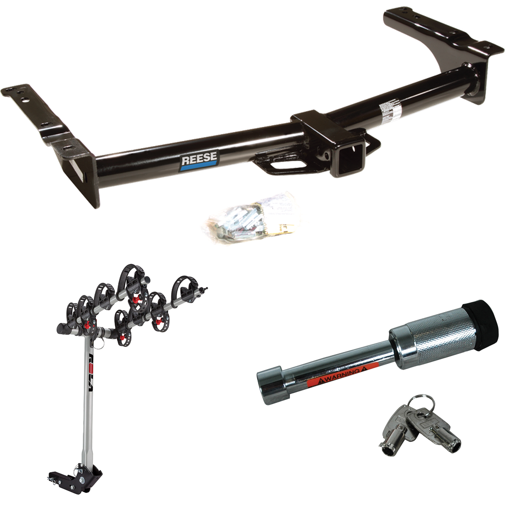 Fits 2009-2012 Ford E-350 Econoline Super Duty Trailer Hitch Tow PKG w/ 4 Bike Carrier Rack + Hitch Lock (For (Prepped Class II Tow Package) Models) By Reese Towpower