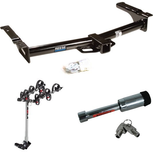 Fits 2009-2012 Ford E-350 Econoline Super Duty Trailer Hitch Tow PKG w/ 4 Bike Carrier Rack + Hitch Lock (For (Prepped Class II Tow Package) Models) By Reese Towpower