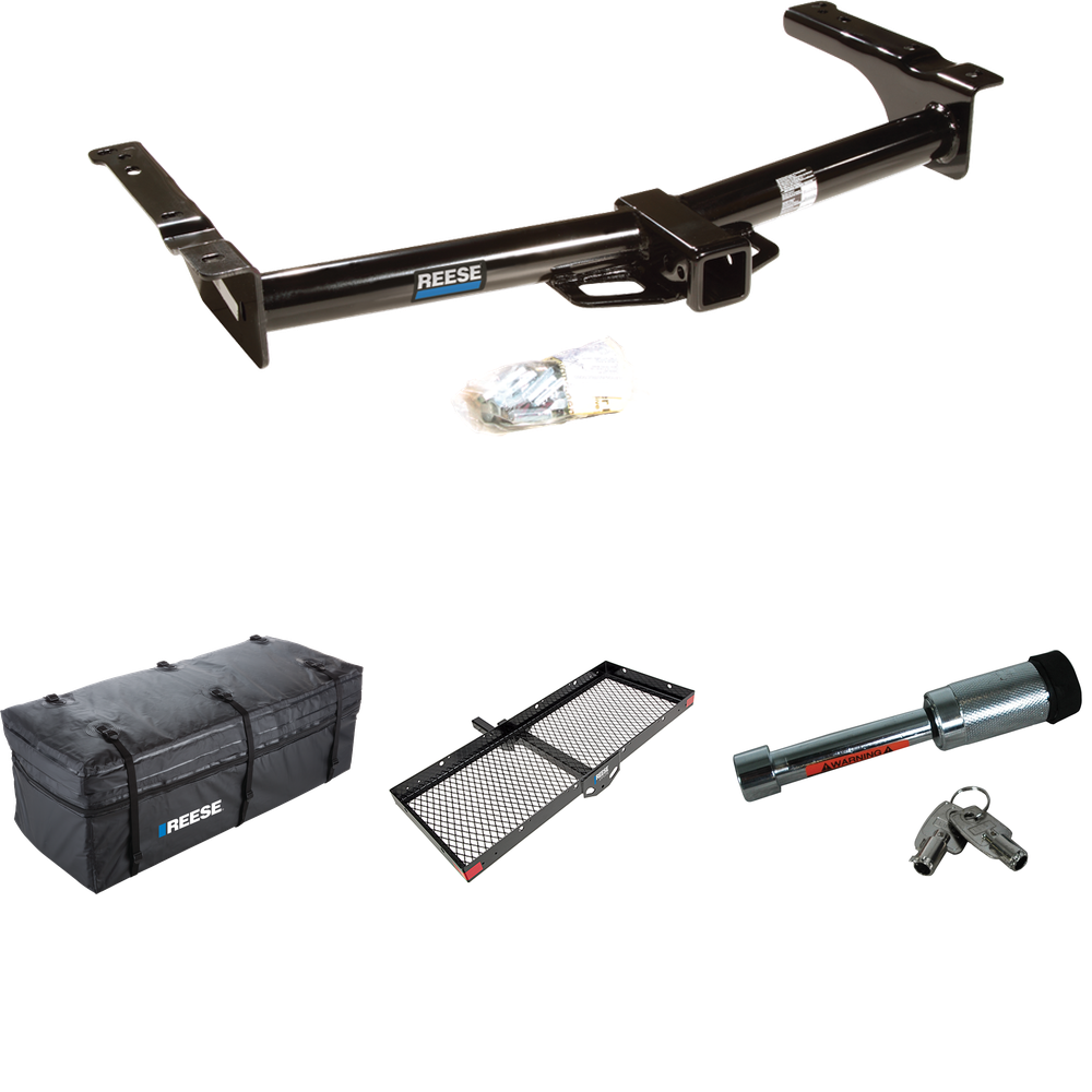 Fits 1975-2014 Ford E-250 Econoline Trailer Hitch Tow PKG w/ 48" x 20" Cargo Carrier + Cargo Bag + Hitch Lock By Reese Towpower