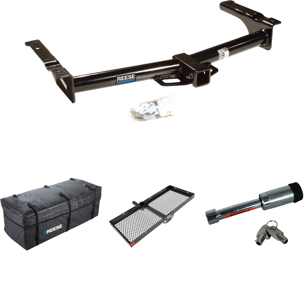 Fits 2009-2012 Ford E-150 Econoline Trailer Hitch Tow PKG w/ 48" x 20" Cargo Carrier + Cargo Bag + Hitch Lock (For (Prepped Class II Tow Package) Models) By Reese Towpower