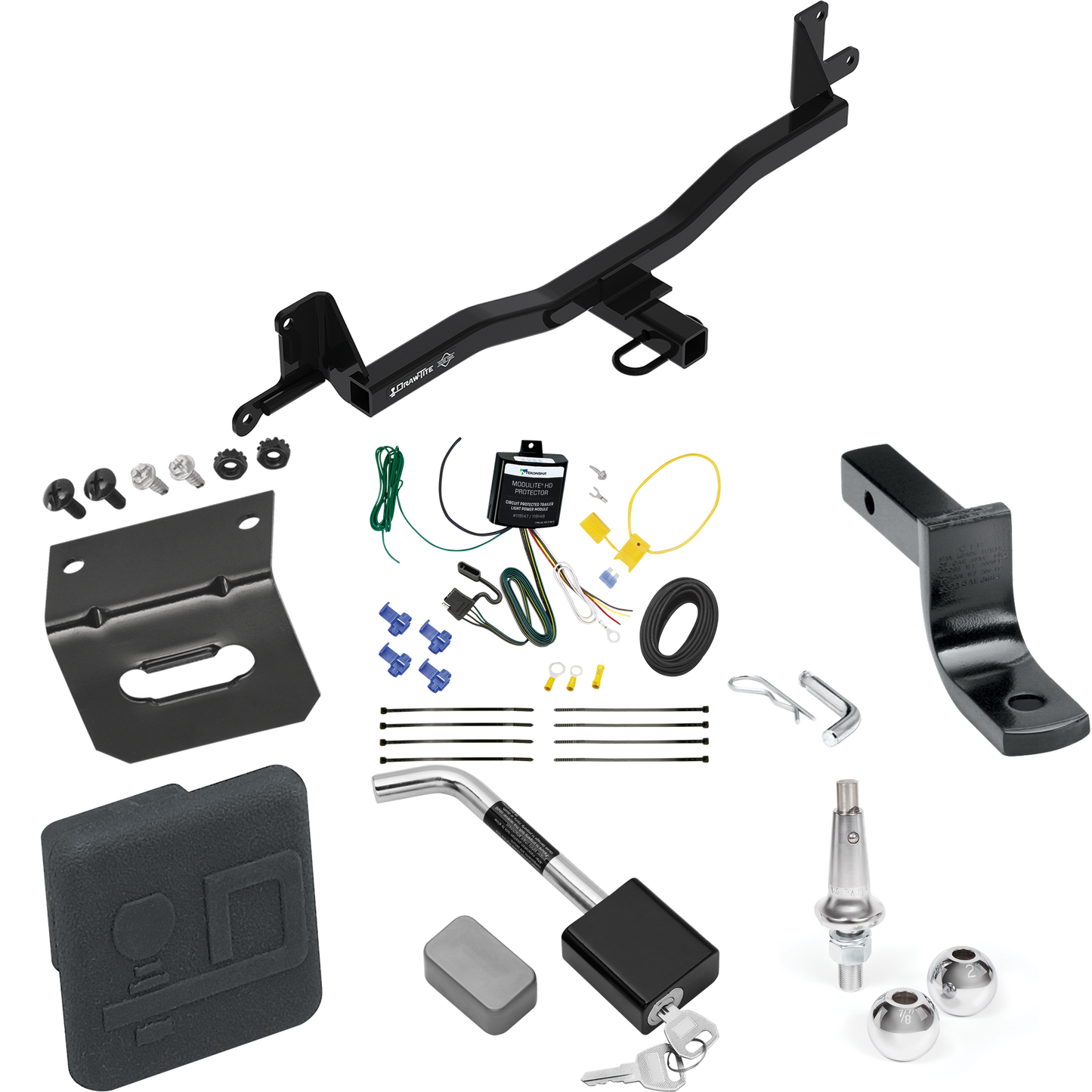 Fits 2012-2019 Toyota Prius C Trailer Hitch Tow PKG w/ 4-Flat Wiring Harness + Draw-Bar + Interchangeable 1-7/8" & 2" Balls + Wiring Bracket + Hitch Cover + Hitch Lock By Draw-Tite