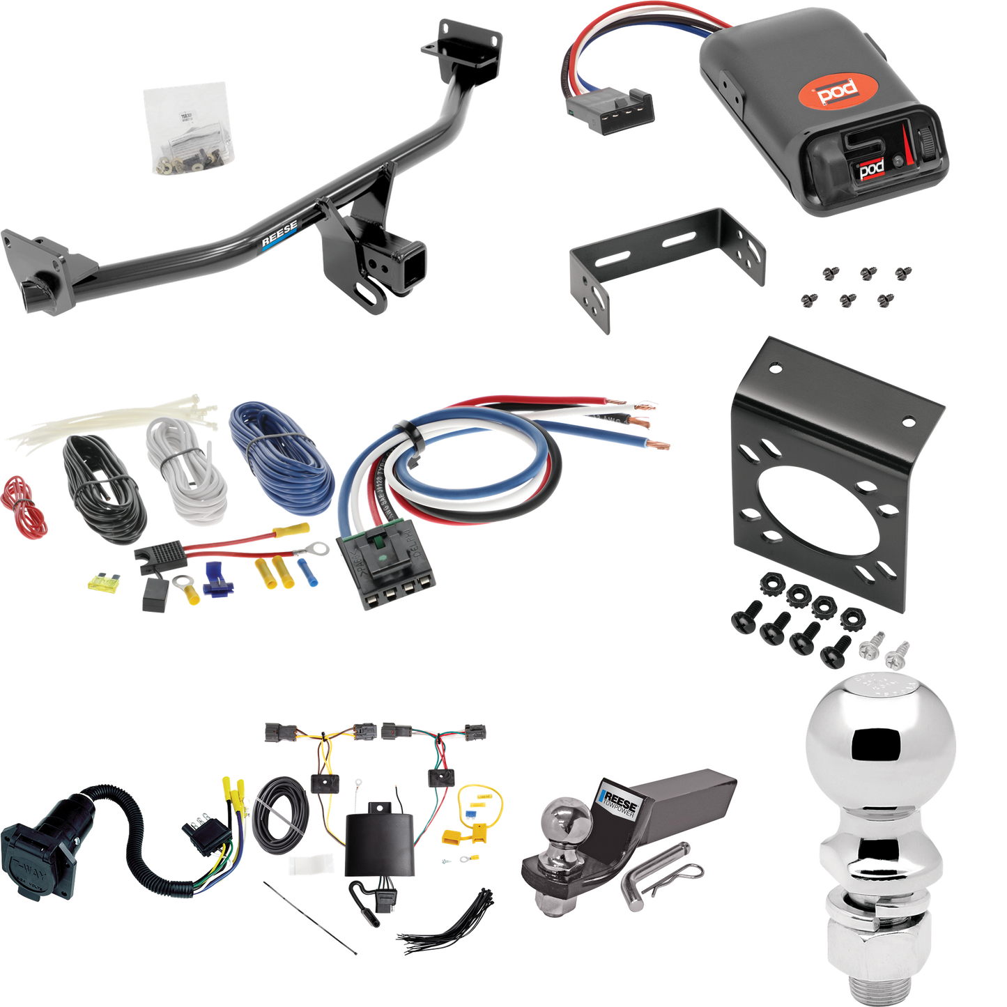 Fits 2019-2021 Hyundai Tucson Trailer Hitch Tow PKG w/ Pro Series POD Brake Control + Generic BC Wiring Adapter + 7-Way RV Wiring + 2" & 2-5/16" Ball & Drop Mount (Excludes: Night Edition Models) By Reese Towpower