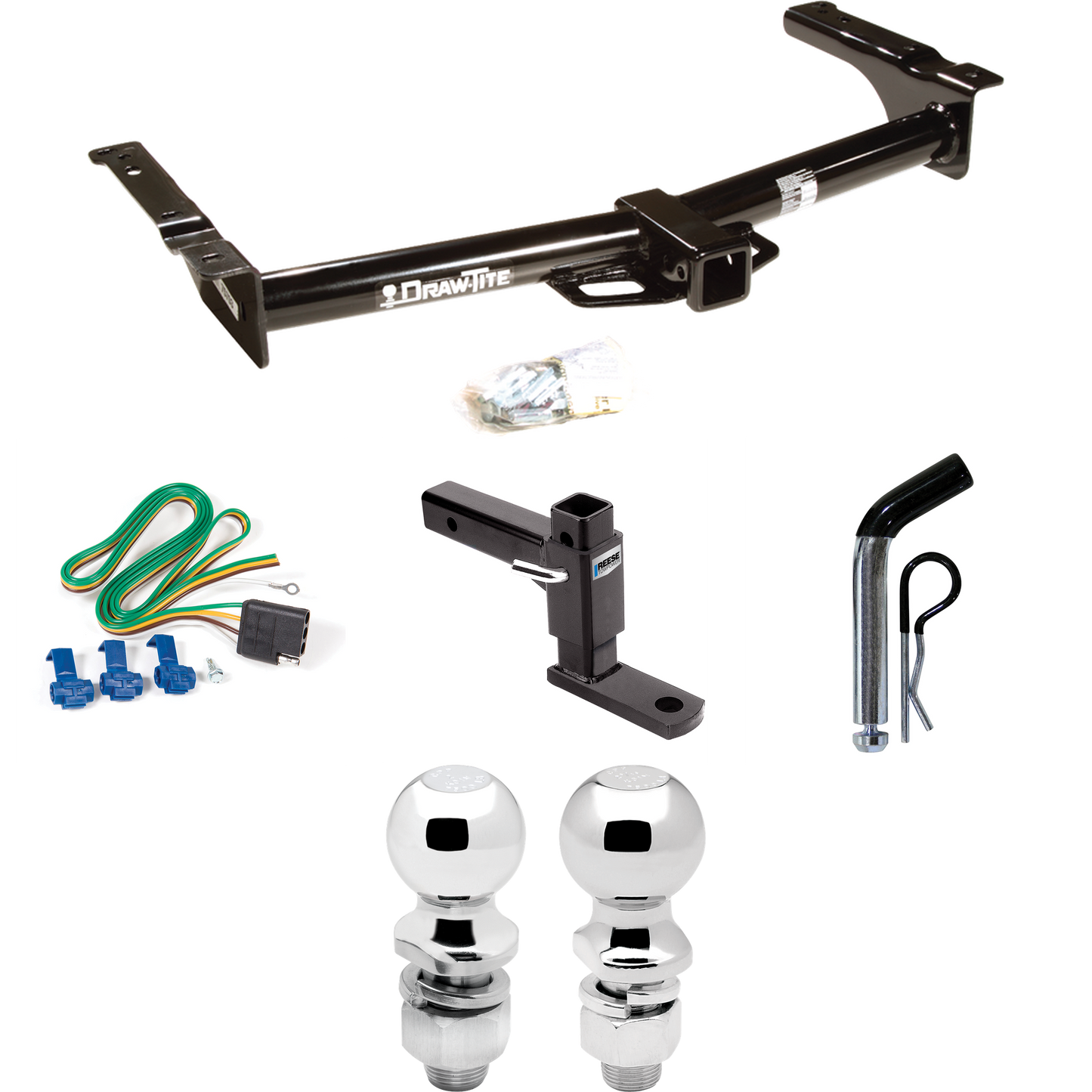 Fits 1975-1983 Ford E-100 Econoline Trailer Hitch Tow PKG w/ 4-Flat Wiring + Adjustable Drop Rise Ball Mount + Pin/Clip + 2" Ball + 2-5/16" Ball By Draw-Tite