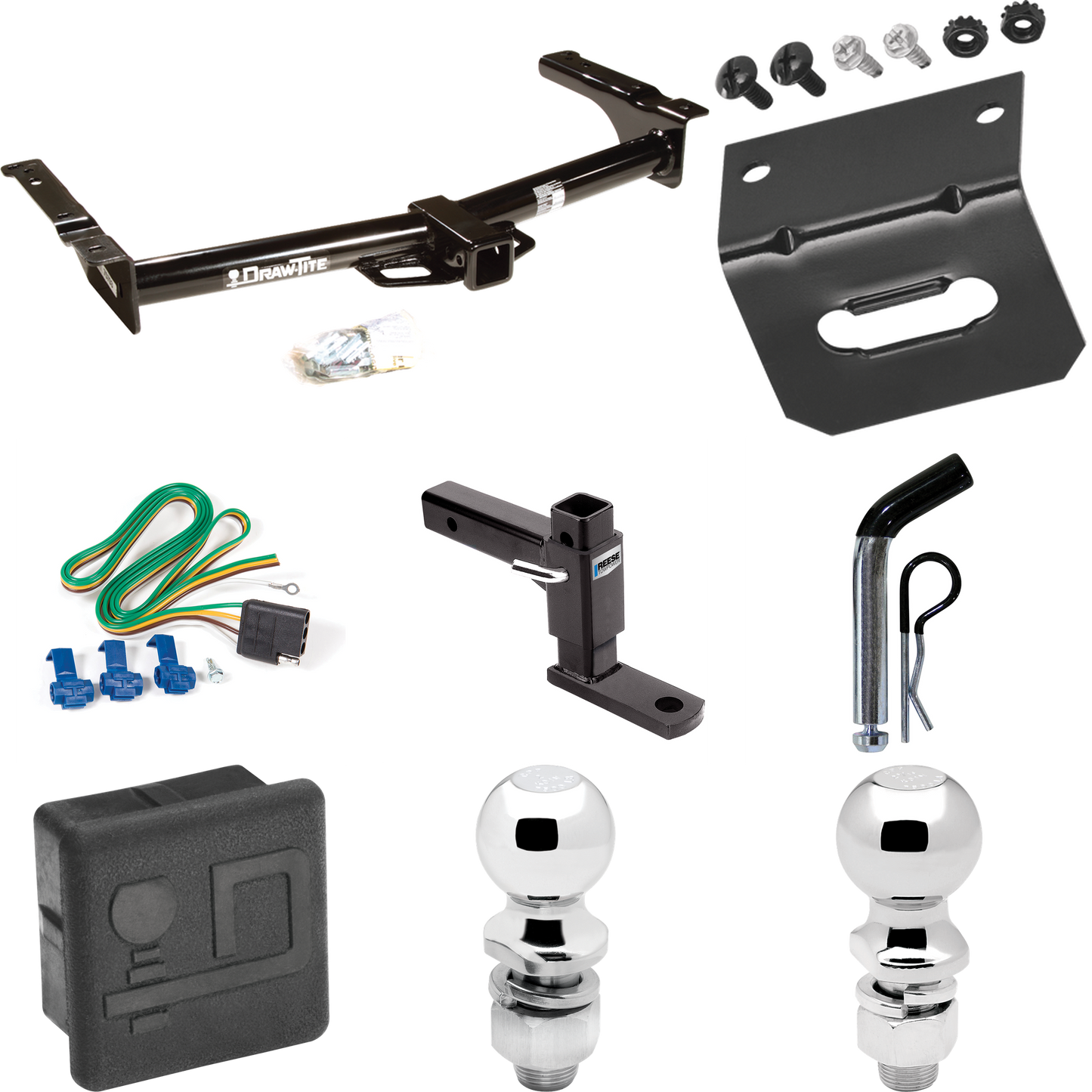 Se adapta al paquete de enganche de remolque Ford E-350 Econoline Super Duty 2003-2007 con 4 cables planos + soporte de bola ajustable + pasador/clip + bola de 2 pulgadas + bola de 2-5/16 pulgadas + soporte de cableado + cubierta de enganche dibujar-tite