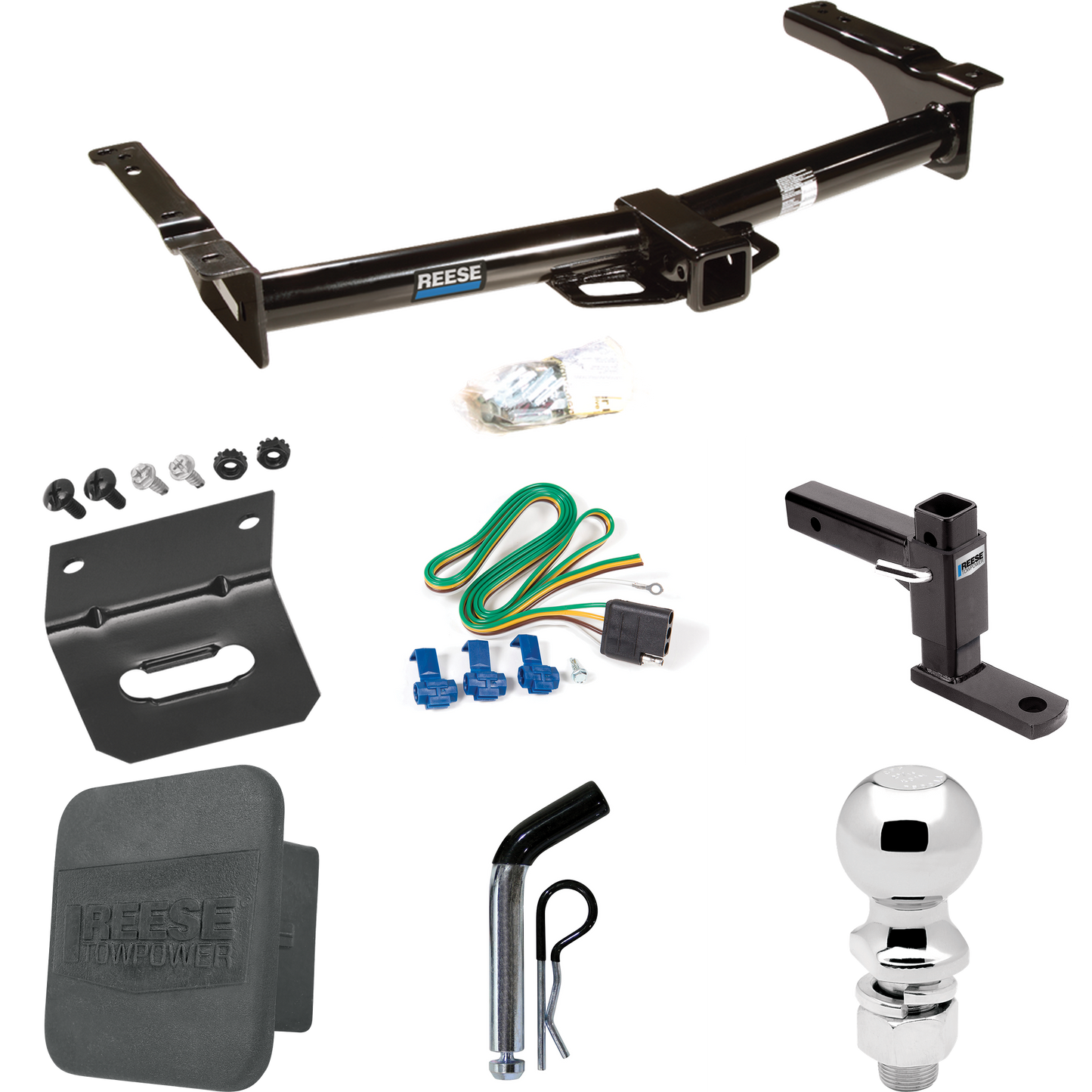 Fits 2003-2007 Ford E-350 Econoline Super Duty Trailer Hitch Tow PKG w/ 4-Flat Wiring + Adjustable Drop Rise Ball Mount + Pin/Clip + 2-5/16" Ball + Wiring Bracket + Hitch Cover By Reese Towpower