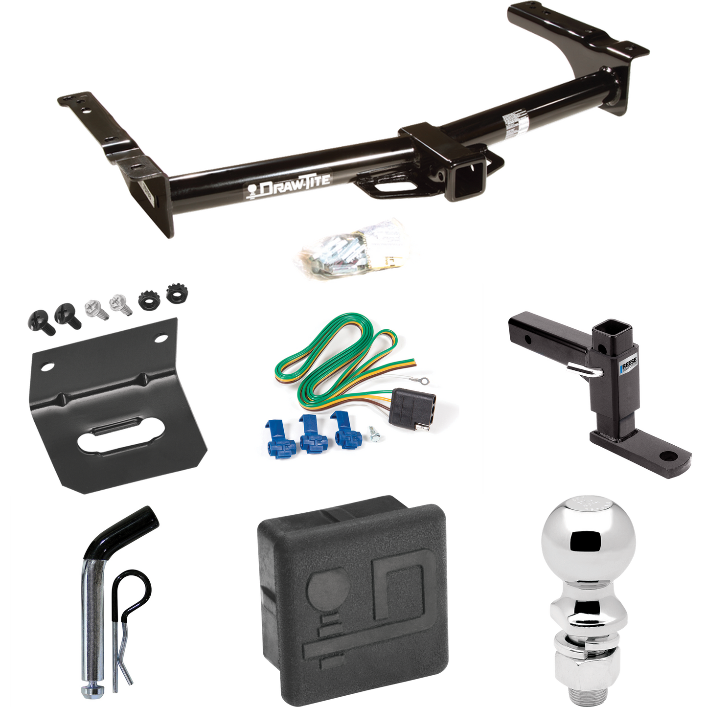 Se adapta al paquete de enganche de remolque Ford E-250 Econoline 1975-1991 con 4 cables planos + soporte de bola ajustable + pasador/clip + bola de 2-5/16" + soporte de cableado + cubierta de enganche de Draw-Tite