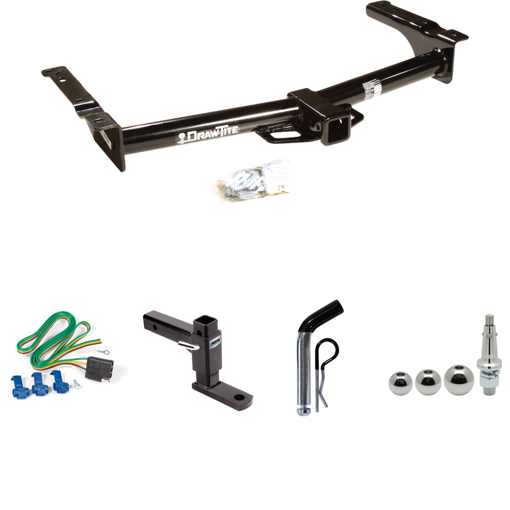 Se adapta al paquete de enganche de remolque Ford E-250 Econoline 1975-1991 con 4 cables planos + soporte de bola ajustable + pasador/clip + bolas intercambiables de 1-7/8" y 2" y 2-5/16" por sorteo -Tita