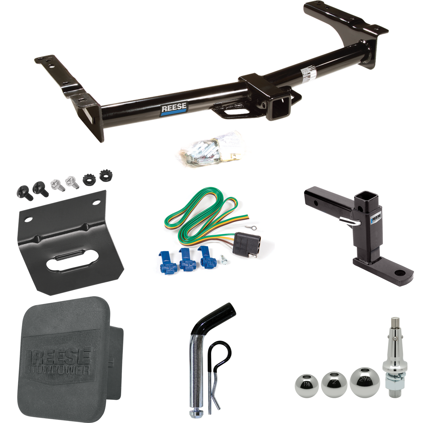 Fits 1975-1991 Ford E-350 Econoline Trailer Hitch Tow PKG w/ 4-Flat Wiring + Adjustable Drop Rise Ball Mount + Pin/Clip + Inerchangeable 1-7/8" & 2" & 2-5/16" Balls + Wiring Bracket + Hitch Cover By Reese Towpower