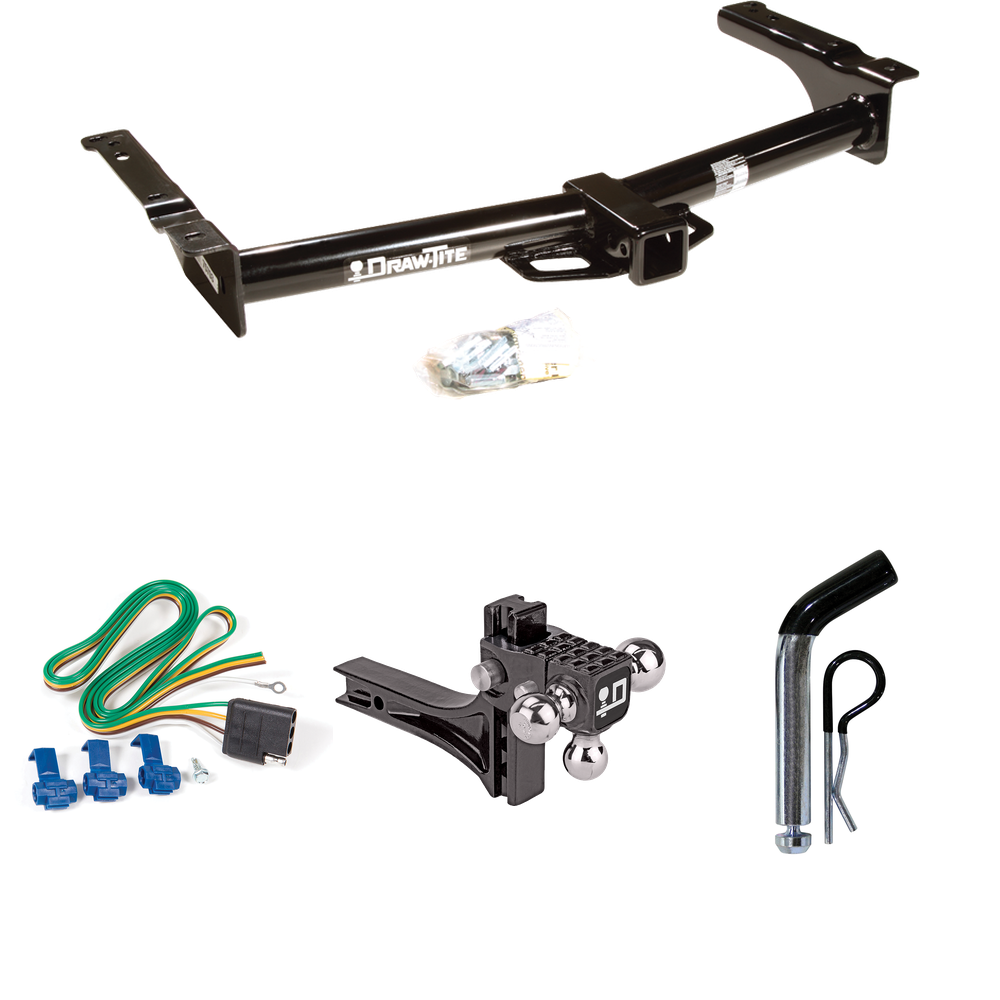 Fits 2003-2007 Ford E-150 Econoline Trailer Hitch Tow PKG w/ 4-Flat Wiring + Adjustable Drop Rise Triple Ball Ball Mount 1-7/8" & 2" & 2-5/16" Trailer Balls + Pin/Clip By Draw-Tite