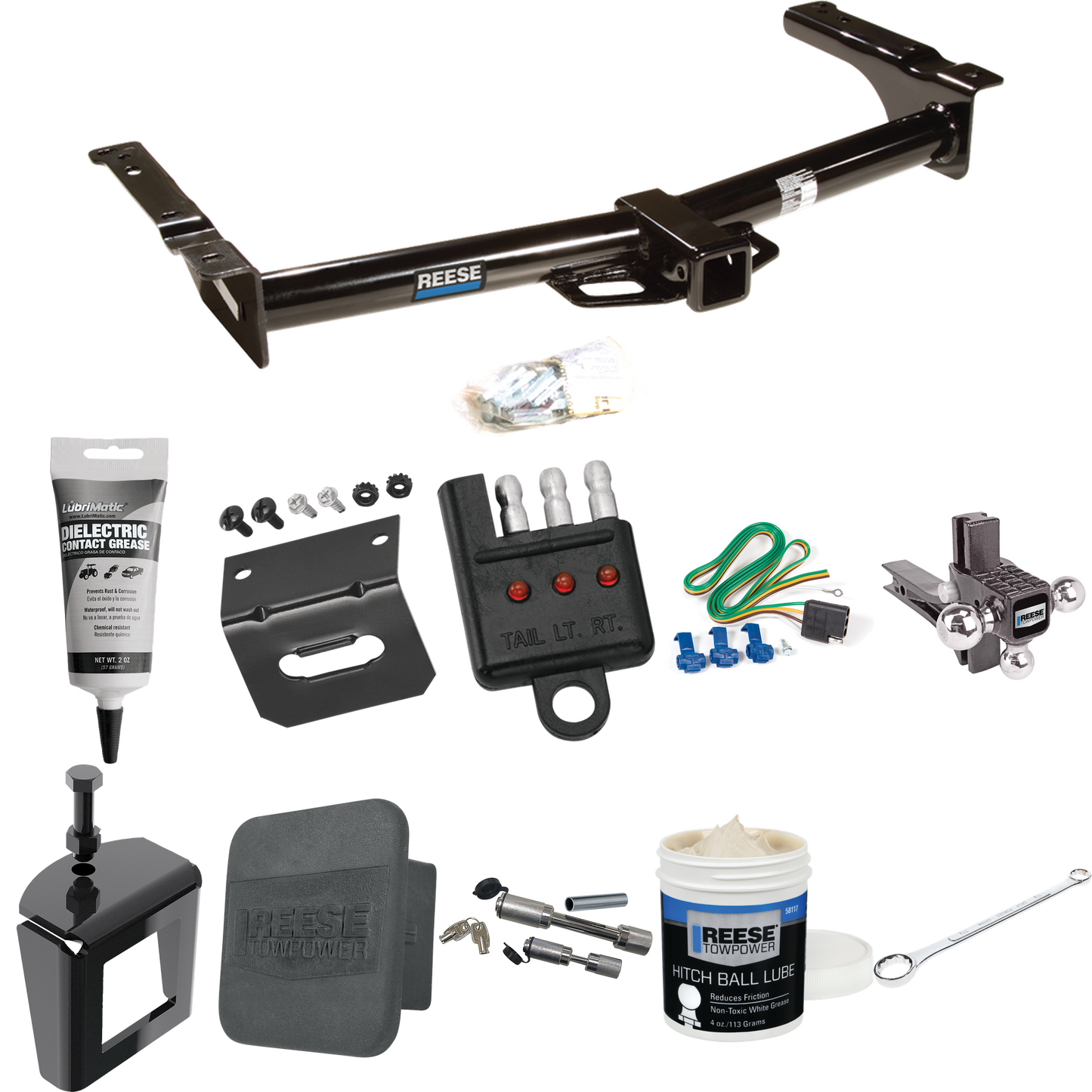 Fits 1975-1991 Ford E-250 Econoline Trailer Hitch Tow PKG w/ 4-Flat Wiring + Adjustable Drop Rise Triple Ball Ball Mount 1-7/8" & 2" & 2-5/16" Trailer Balls + Wiring Bracket + Hitch Cover + Dual Hitch & Coupler Locks + Wiring Tester + Ball Lube + Ele