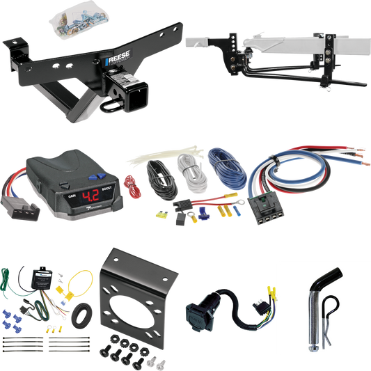 Fits 2000-2006 BMW X5 Trailer Hitch Tow PKG w/ 6K Round Bar Weight Distribution Hitch w/ 2-5/16" Ball + Pin/Clip + Tekonsha BRAKE-EVN Brake Control + Generic BC Wiring Adapter + 7-Way RV Wiring By Reese Towpower