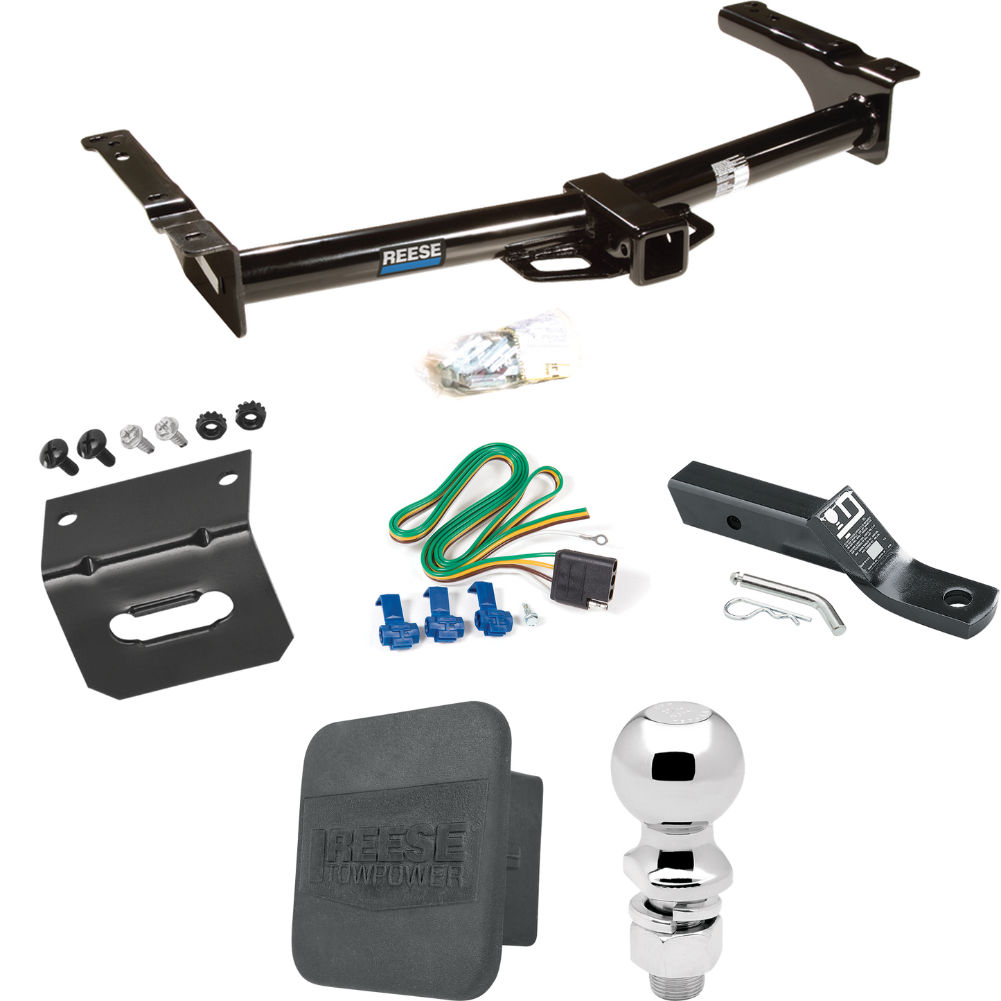 Fits 1975-1991 Ford E-250 Econoline Trailer Hitch Tow PKG w/ 4-Flat Wiring + Ball Mount w/ 2" Drop + 2-5/16" Ball + Wiring Bracket + Hitch Cover By Reese Towpower