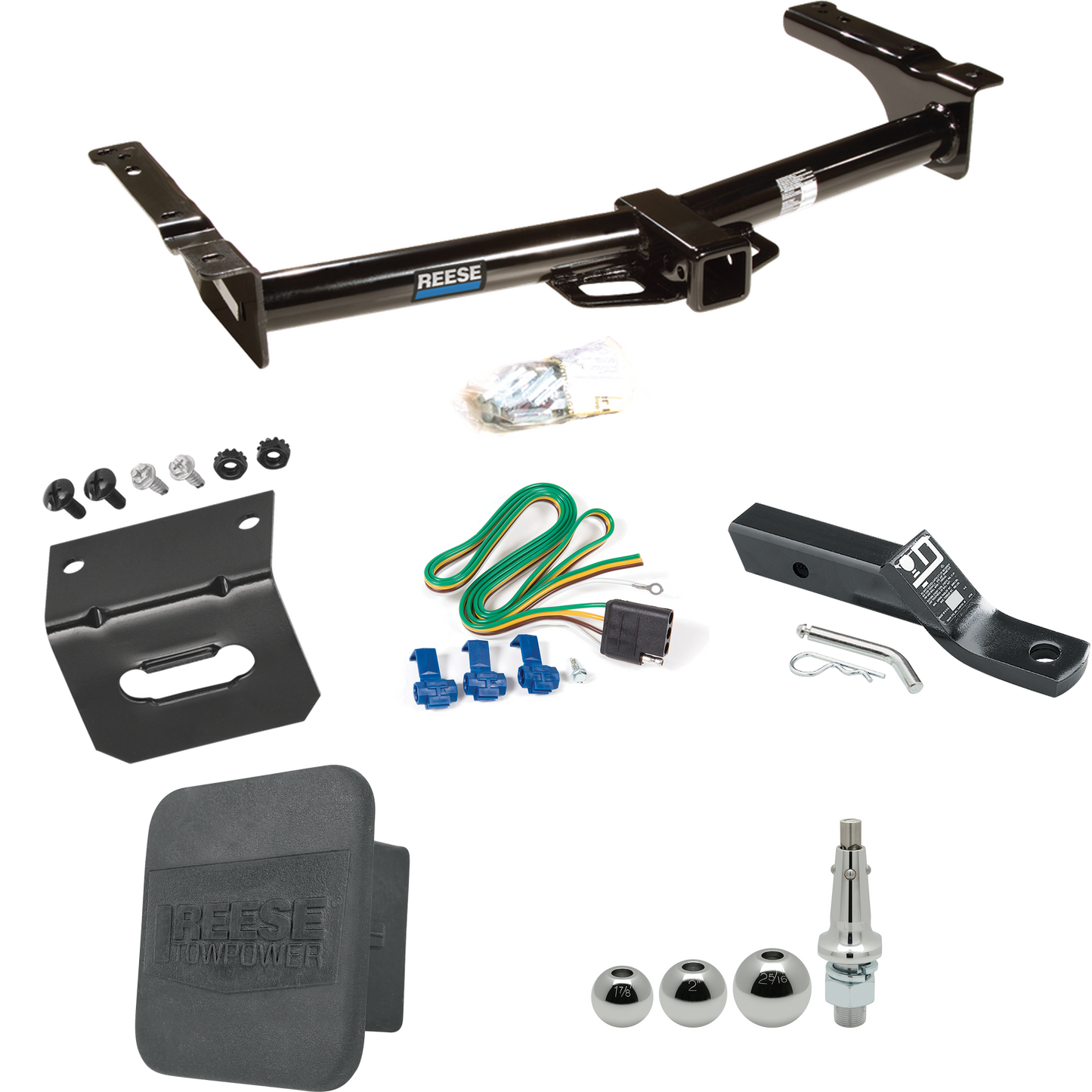 Se adapta al paquete de enganche de remolque Ford E-150 Econoline 2003-2007 con 4 cables planos + soporte de bola con caída de 2" + bola intercambiable de 1-7/8" y 2" y 2-5/16" + soporte de cableado + Cubierta de enganche de Reese Towpower