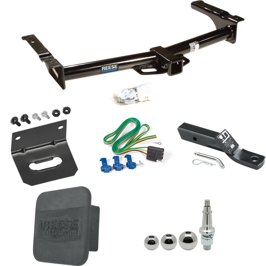 Se adapta al paquete de enganche de remolque Ford E-150 Econoline 2003-2007 con 4 cables planos + soporte de bola con caída de 2" + bola intercambiable de 1-7/8" y 2" y 2-5/16" + soporte de cableado + Cubierta de enganche de Reese Towpower