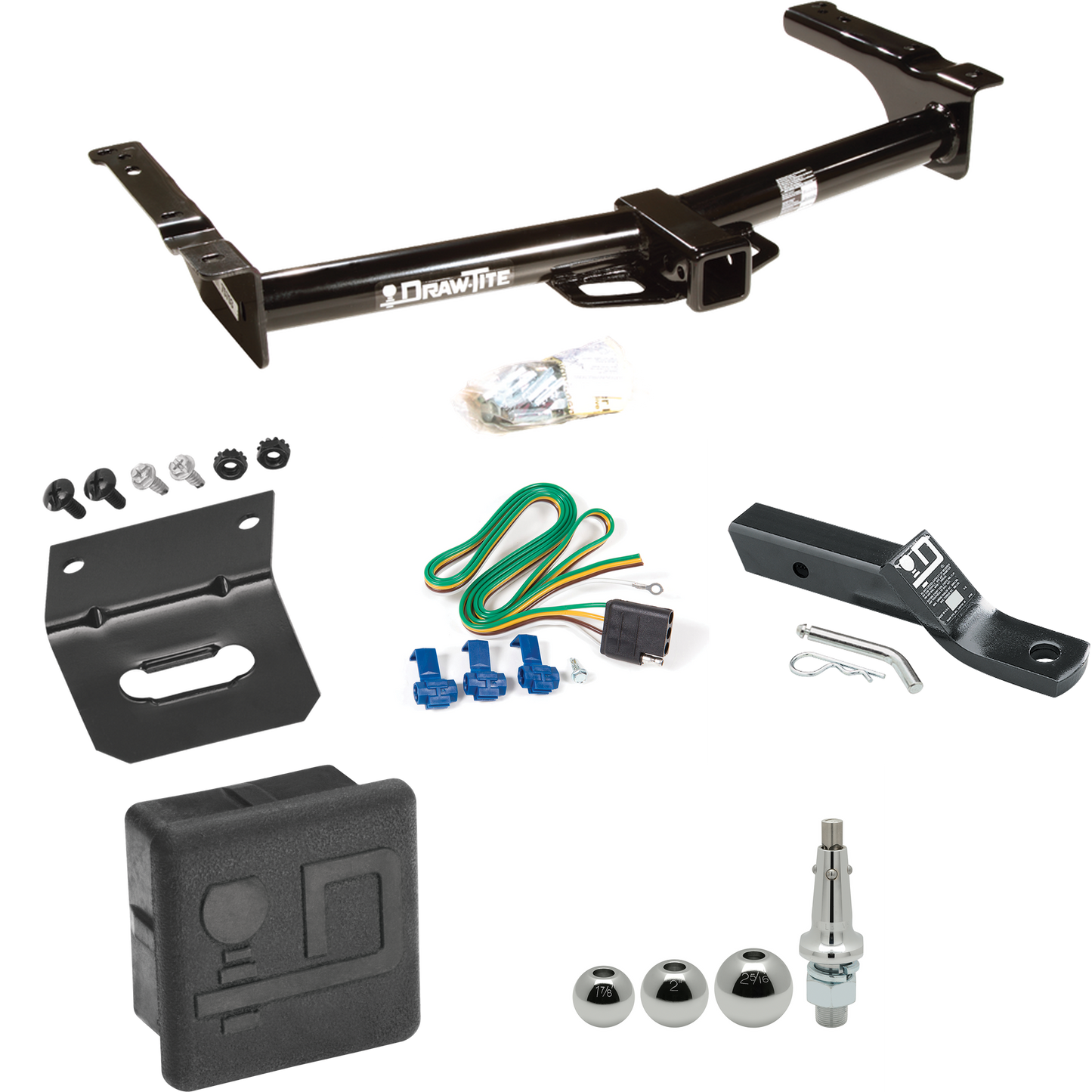 Fits 1975-1991 Ford E-150 Econoline Trailer Hitch Tow PKG w/ 4-Flat Wiring + Ball Mount w/ 2" Drop + Interchangeable Ball 1-7/8" & 2" & 2-5/16" + Wiring Bracket + Hitch Cover By Draw-Tite