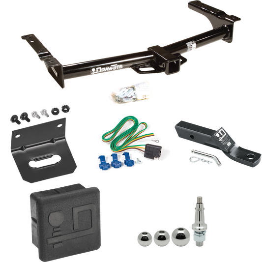 Fits 1975-1991 Ford E-150 Econoline Trailer Hitch Tow PKG w/ 4-Flat Wiring + Ball Mount w/ 2" Drop + Interchangeable Ball 1-7/8" & 2" & 2-5/16" + Wiring Bracket + Hitch Cover By Draw-Tite