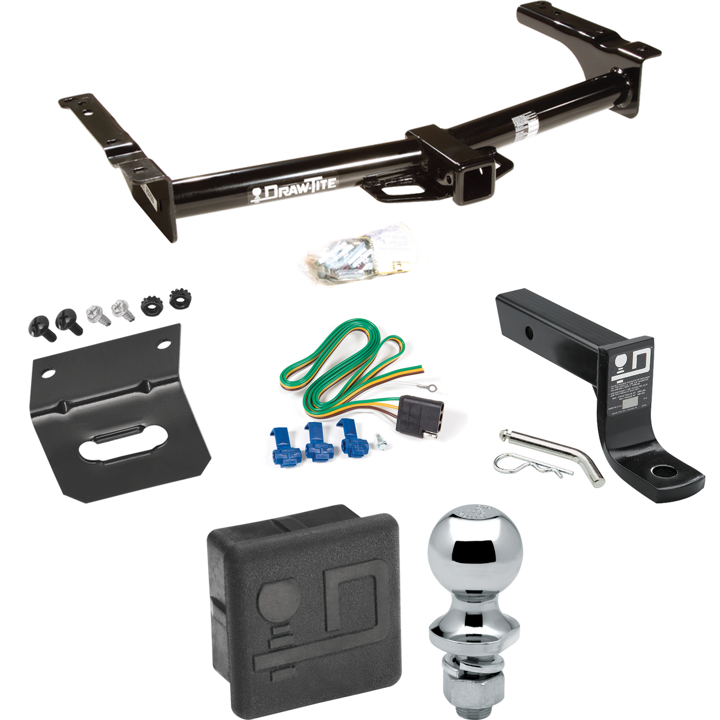 Fits 1975-1983 Ford E-100 Econoline Trailer Hitch Tow PKG w/ 4-Flat Wiring + Ball Mount w/ 4" Drop + 1-7/8" Ball + Wiring Bracket + Hitch Cover By Draw-Tite