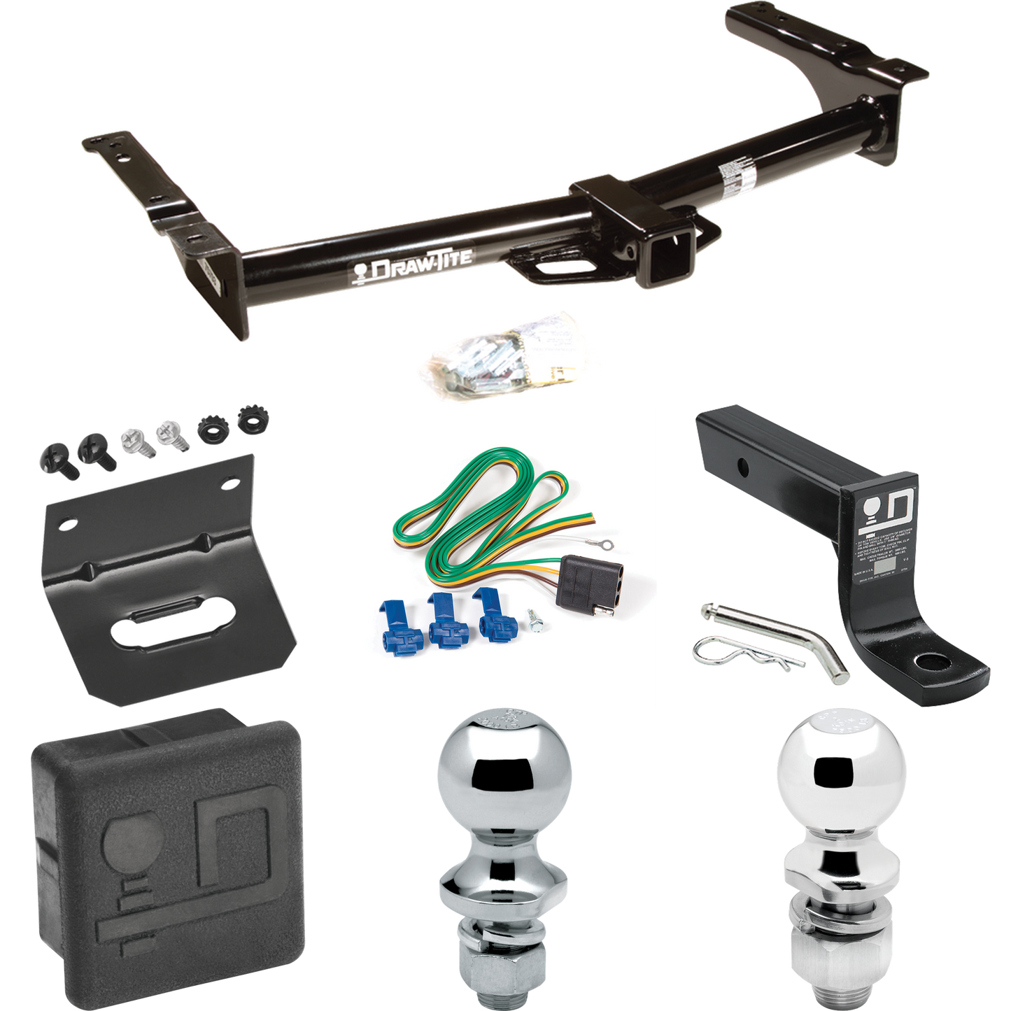 Fits 1975-1991 Ford E-150 Econoline Trailer Hitch Tow PKG w/ 4-Flat Wiring + Ball Mount w/ 4" Drop + 2" Ball + 1-7/8" Ball + Wiring Bracket + Hitch Cover By Draw-Tite