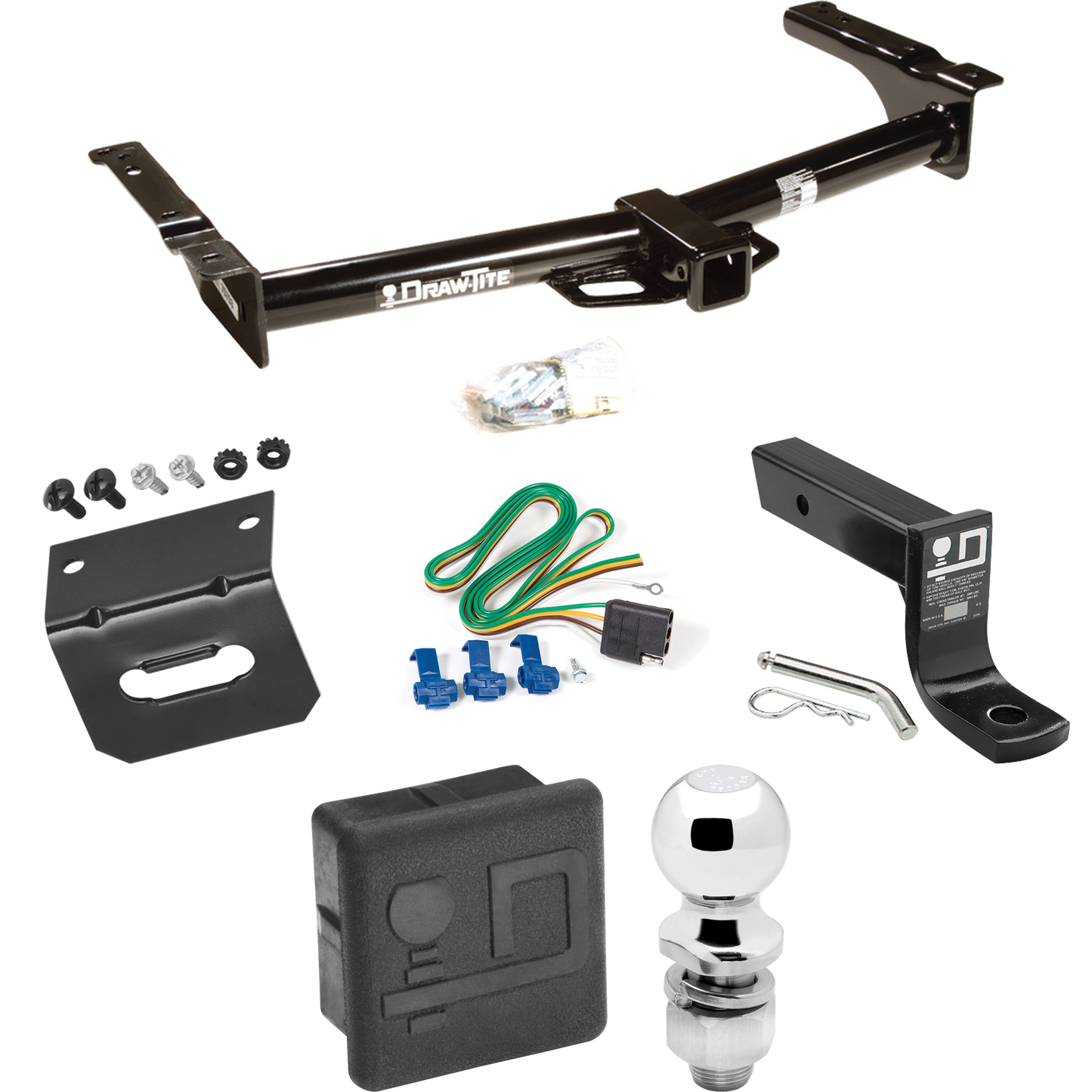 Fits 2003-2007 Ford E-350 Econoline Super Duty Trailer Hitch Tow PKG w/ 4-Flat Wiring + Ball Mount w/ 4" Drop + 2" Ball + Wiring Bracket + Hitch Cover By Draw-Tite