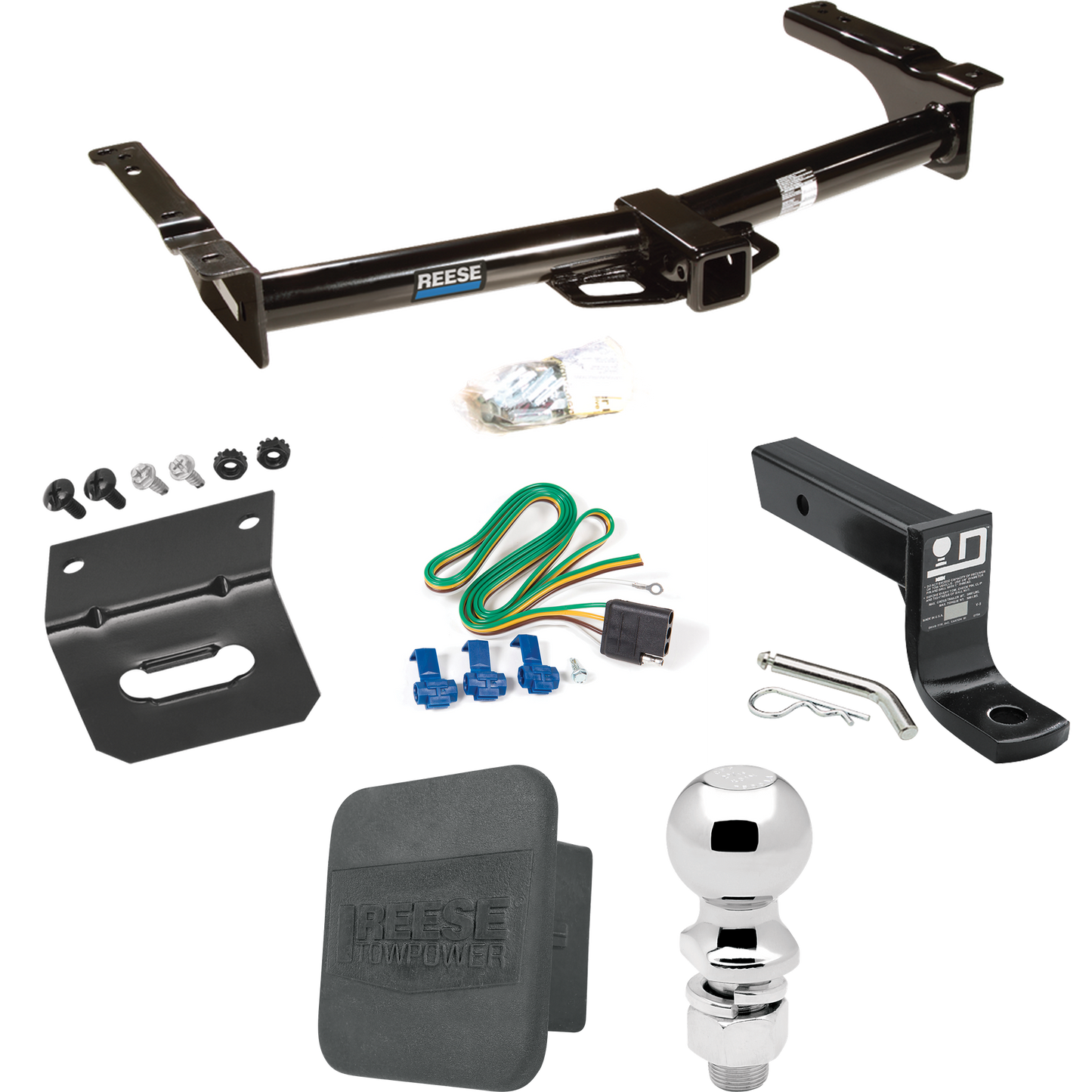 Fits 1975-1991 Ford E-250 Econoline Trailer Hitch Tow PKG w/ 4-Flat Wiring + Ball Mount w/ 4" Drop + 2-5/16" Ball + Wiring Bracket + Hitch Cover By Reese Towpower