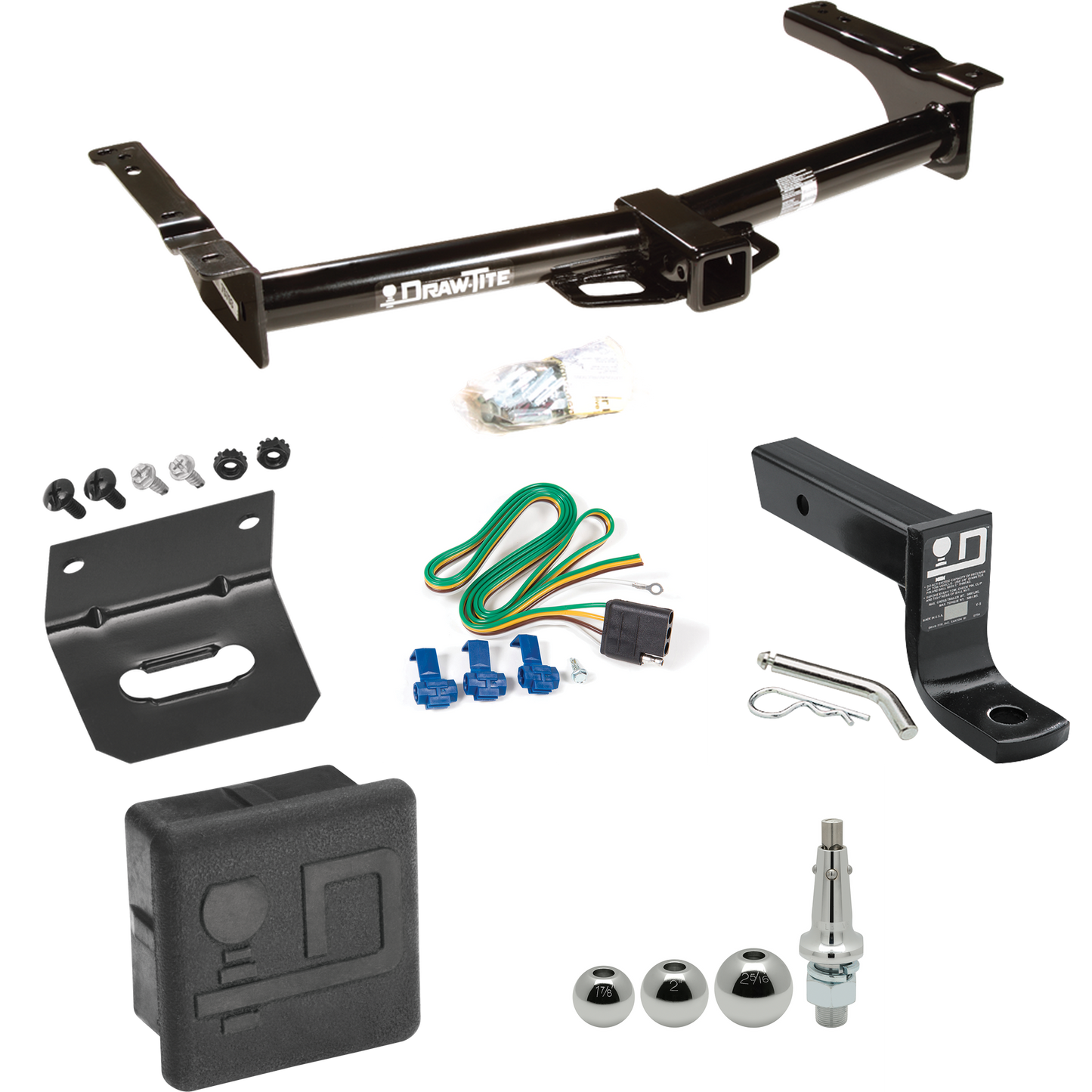 Fits 1975-1983 Ford E-100 Econoline Trailer Hitch Tow PKG w/ 4-Flat Wiring + Ball Mount w/ 4" Drop + Interchangeable Ball 1-7/8" & 2" & 2-5/16" + Wiring Bracket + Hitch Cover By Draw-Tite