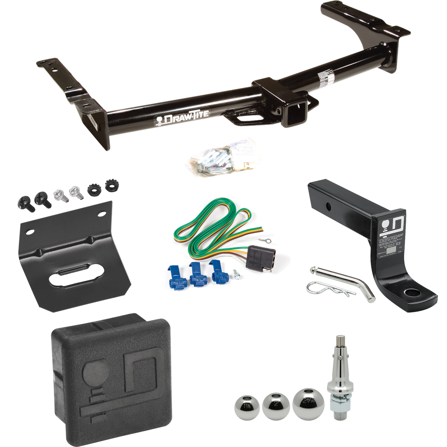 Fits 1975-1991 Ford E-250 Econoline Trailer Hitch Tow PKG w/ 4-Flat Wiring + Ball Mount w/ 4" Drop + Interchangeable Ball 1-7/8" & 2" & 2-5/16" + Wiring Bracket + Hitch Cover By Draw-Tite