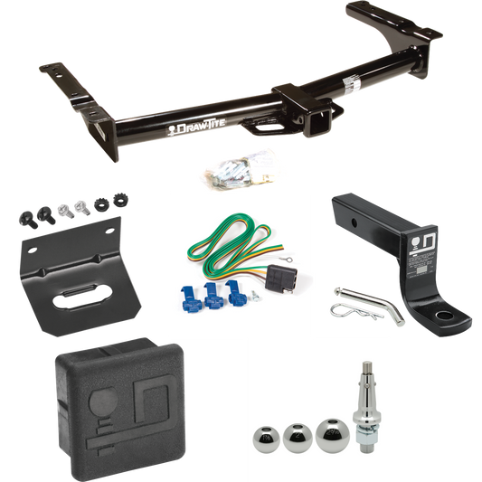 Fits 1975-1991 Ford E-250 Econoline Trailer Hitch Tow PKG w/ 4-Flat Wiring + Ball Mount w/ 4" Drop + Interchangeable Ball 1-7/8" & 2" & 2-5/16" + Wiring Bracket + Hitch Cover By Draw-Tite