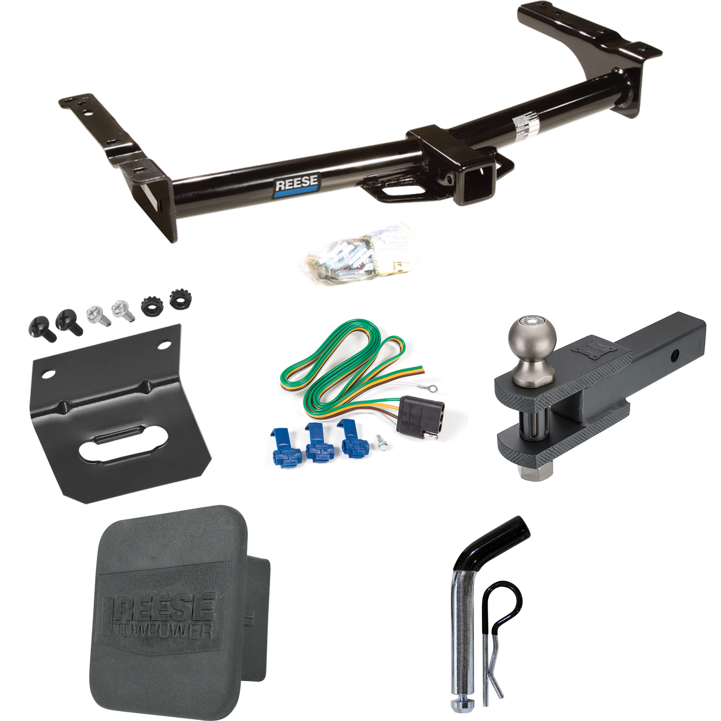 Se adapta al paquete de enganche de remolque Ford E-150 Econoline 1975-1991 con 4 cables planos + soporte de bola de enganche de horquilla con bola de 2" + pasador/clip + soporte de cableado + cubierta de enganche de Reese Towpower