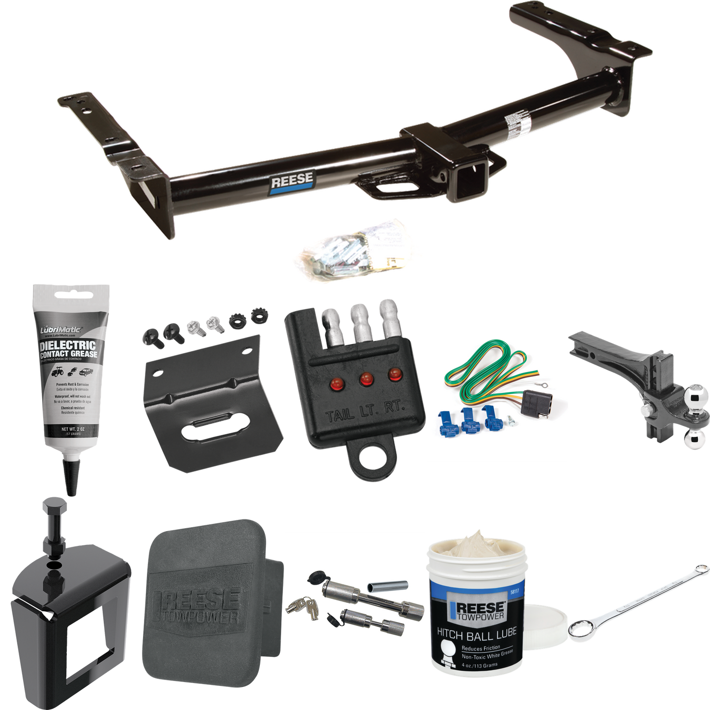 Fits 1975-1991 Ford E-150 Econoline Trailer Hitch Tow PKG w/ 4-Flat Wiring + Dual Adjustable Drop Rise Ball Ball Mount 2" & 2-5/16" Trailer Balls + Wiring Bracket + Hitch Cover + Dual Hitch & Coupler Locks + Wiring Tester + Ball Lube + Electric Greas