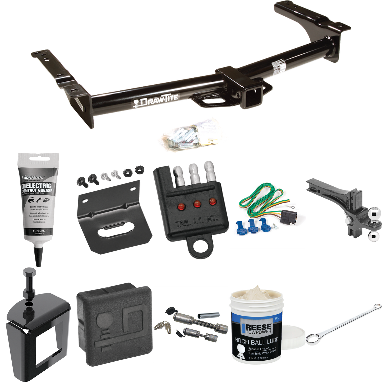 Fits 2003-2007 Ford E-250 Econoline Trailer Hitch Tow PKG w/ 4-Flat Wiring + Dual Adjustable Drop Rise Ball Ball Mount 2" & 2-5/16" Trailer Balls + Wiring Bracket + Hitch Cover + Dual Hitch & Coupler Locks + Wiring Tester + Ball Lube + Electric Greas