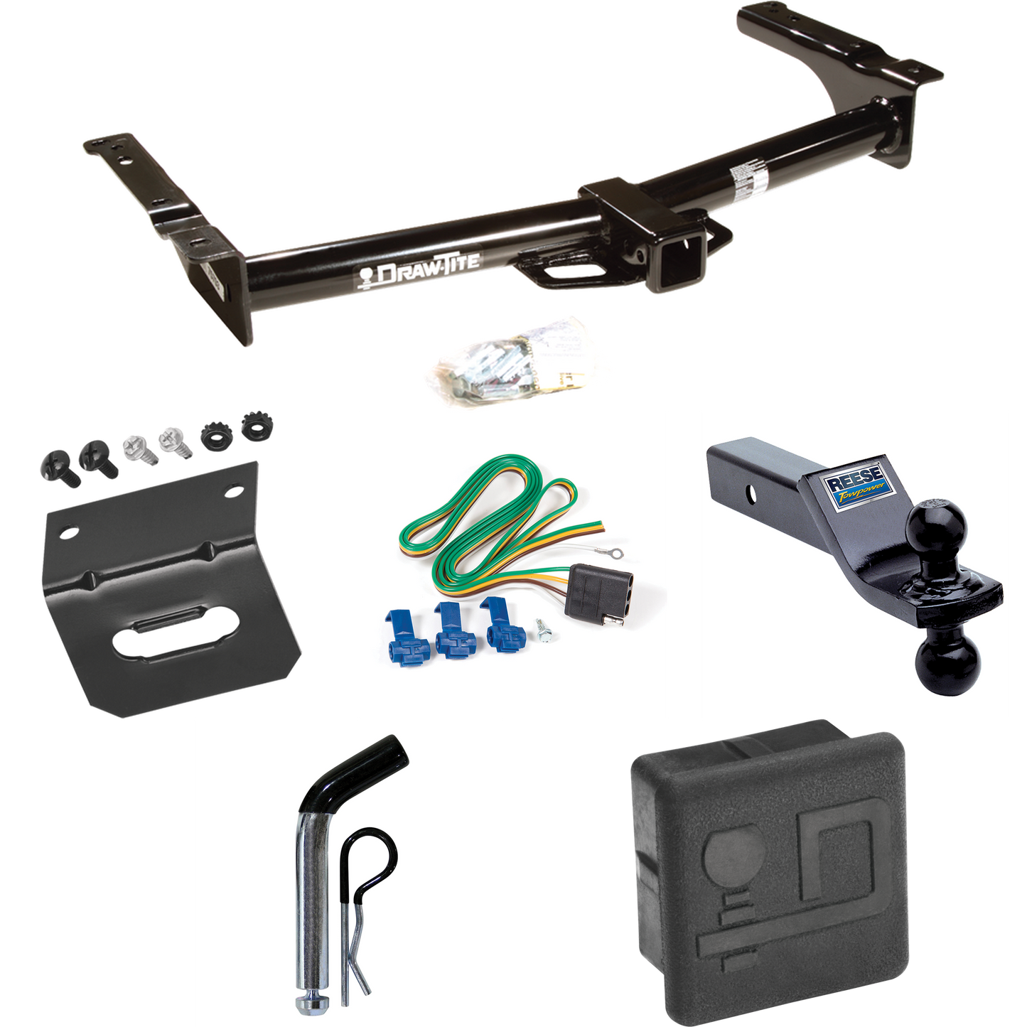 Fits 1975-1991 Ford E-250 Econoline Trailer Hitch Tow PKG w/ 4-Flat Wiring + Dual Ball Ball Mount 1-7/8" & 2" Trailer Balls + Pin/Clip + Wiring Bracket + Hitch Cover By Draw-Tite