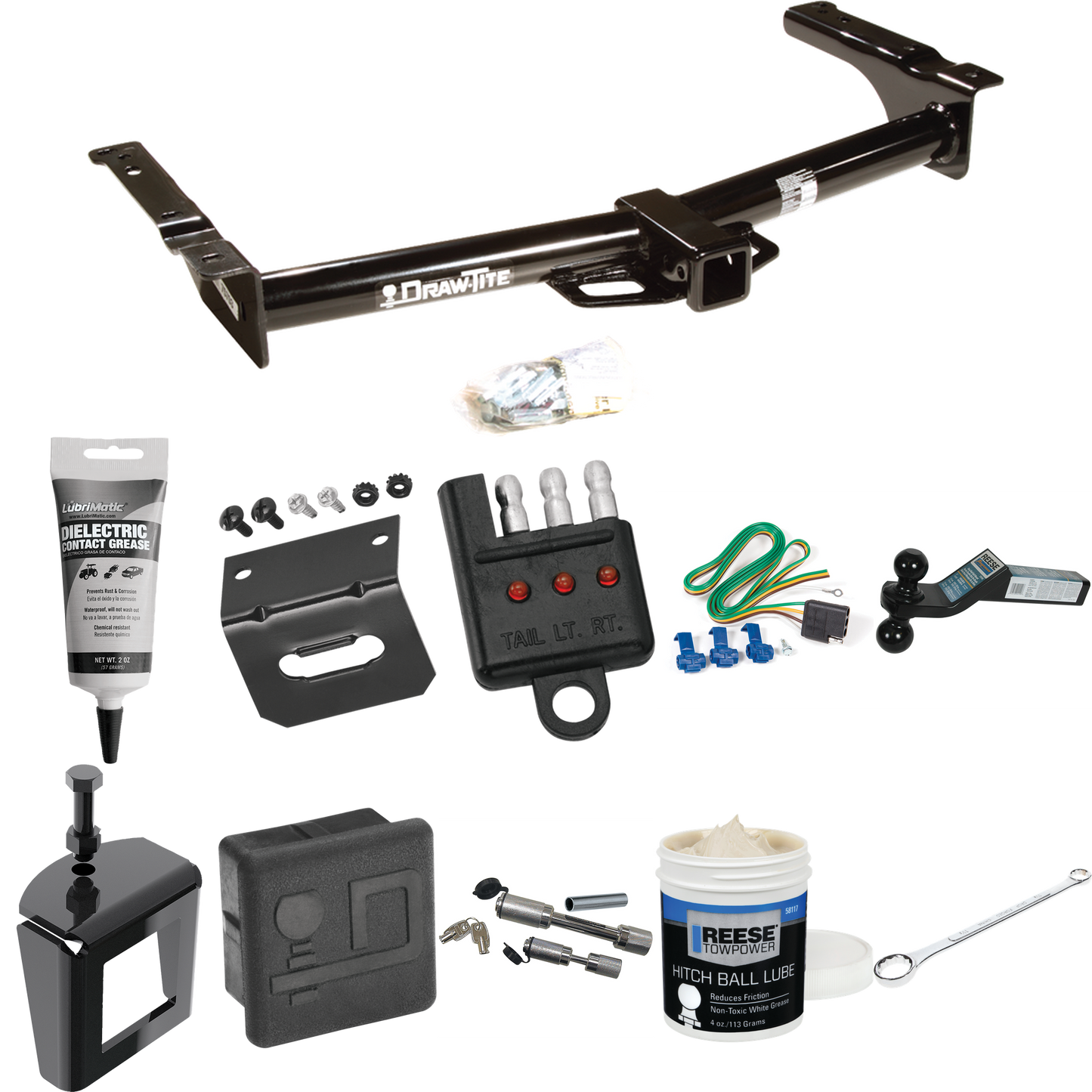 Fits 2003-2007 Ford E-350 Econoline Super Duty Trailer Hitch Tow PKG w/ 4-Flat Wiring + Dual Ball Ball Mount 2" & 2-5/16" Trailer Balls + Wiring Bracket + Hitch Cover + Dual Hitch & Coupler Locks + Wiring Tester + Ball Lube + Electric Grease + Ball W