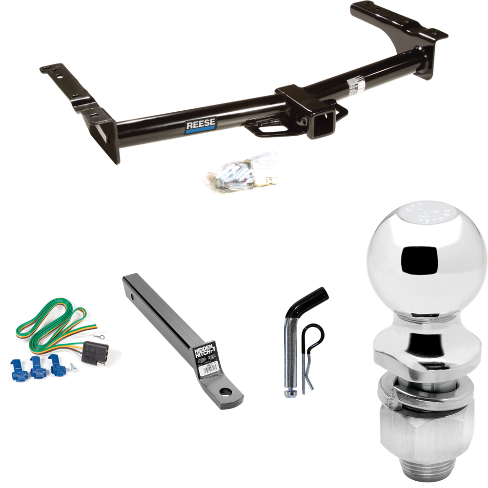 Fits 1975-1991 Ford E-250 Econoline Trailer Hitch Tow PKG w/ 4-Flat Wiring + Extended 16" Long Ball Mount w/ 2" Drop + Pin/Clip + 2" Ball By Reese Towpower