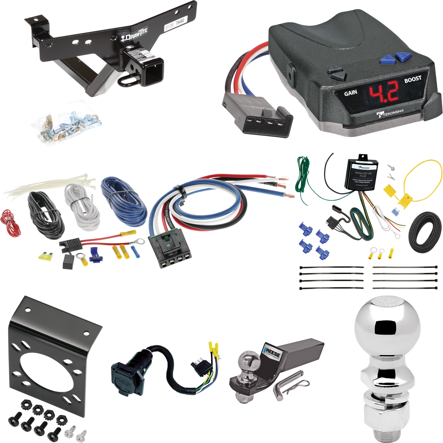 Fits 2000-2006 BMW X5 Trailer Hitch Tow PKG w/ Tekonsha BRAKE-EVN Brake Control + Generic BC Wiring Adapter + 7-Way RV Wiring + 2" & 2-5/16" Ball & Drop Mount By Draw-Tite