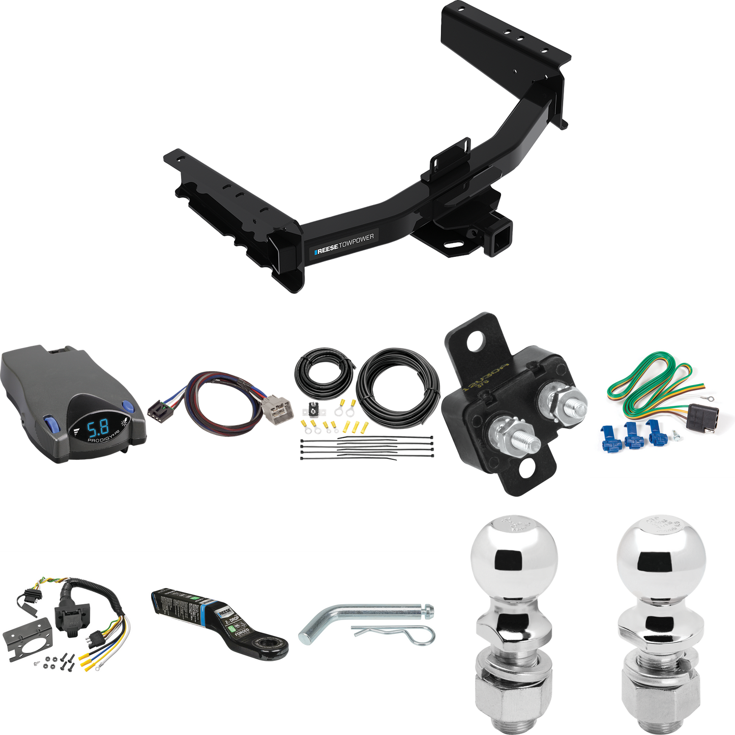 Fits 2019-2023 RAM 1500 Trailer Hitch Tow PKG w/ Tekonsha Prodigy P2 Brake Control + Plug & Play BC Adapter + 7-Way RV Wiring + 2" & 2-5/16" Ball & Drop Mount (For (New Body Style) Models) By Reese Towpower