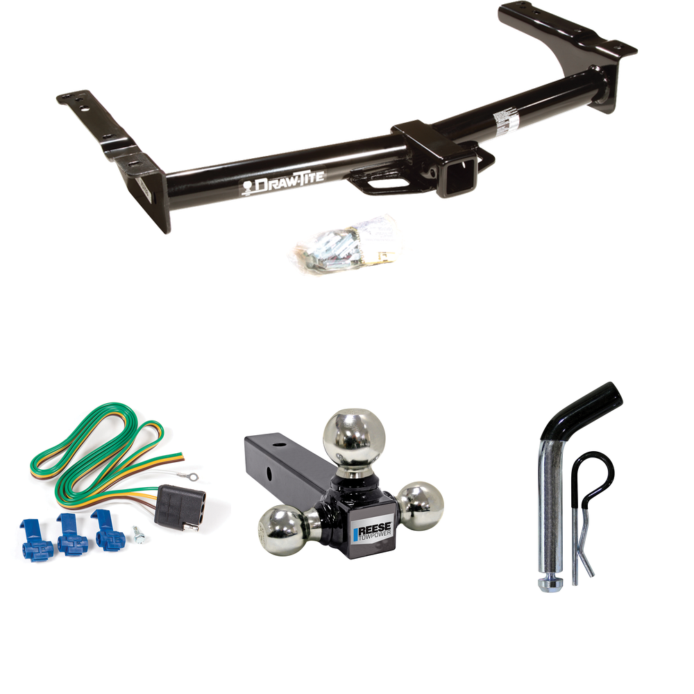 Fits 1975-1991 Ford E-250 Econoline Trailer Hitch Tow PKG w/ 4-Flat Wiring + Triple Ball Ball Mount 1-7/8" & 2" & 2-5/16" Trailer Balls + Pin/Clip By Draw-Tite