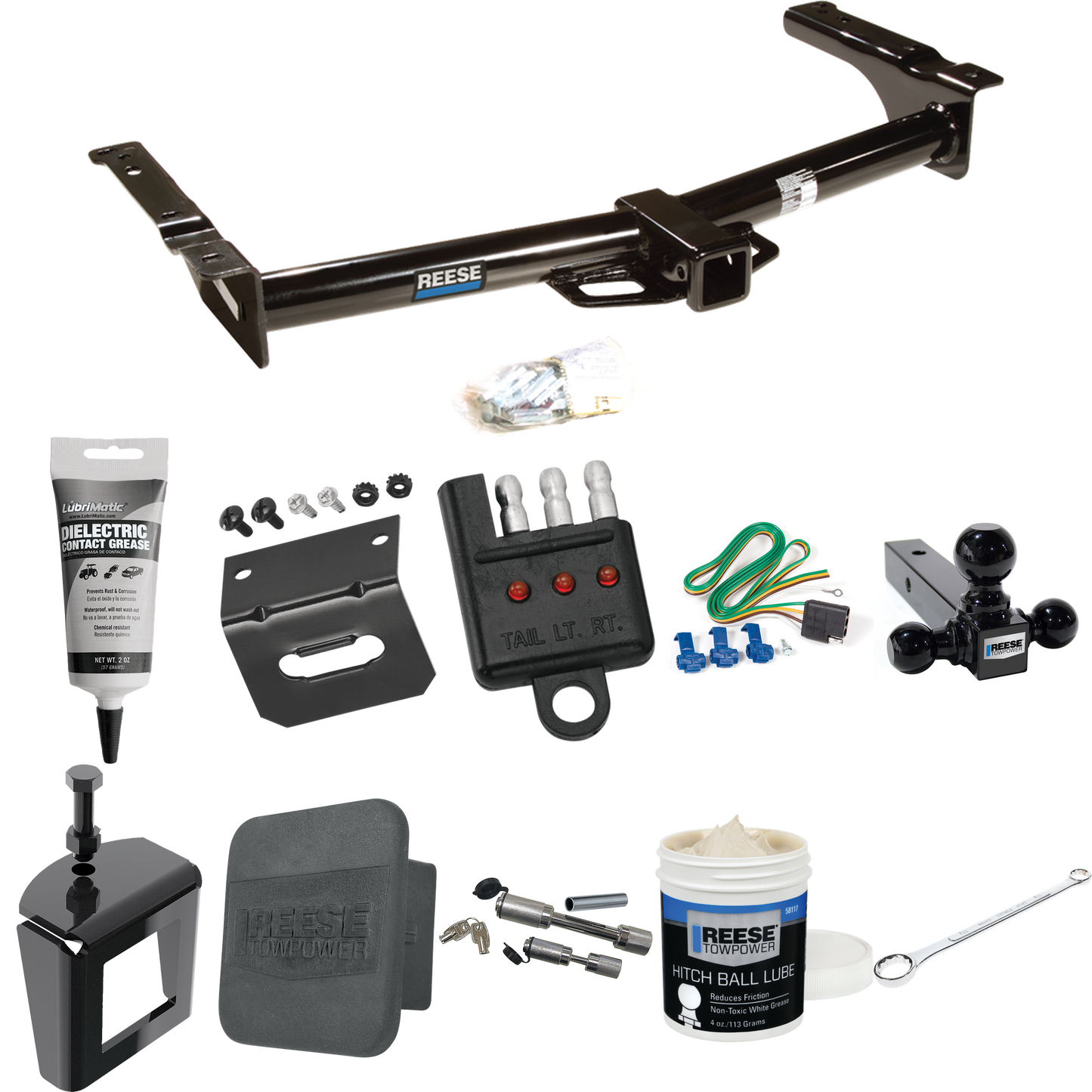 Fits 2003-2007 Ford E-250 Econoline Trailer Hitch Tow PKG w/ 4-Flat Wiring + Triple Ball Ball Mount 1-7/8" & 2" & 2-5/16" Trailer Balls + Wiring Bracket + Hitch Cover + Dual Hitch & Coupler Locks + Wiring Tester + Ball Lube + Electric Grease + Ball W