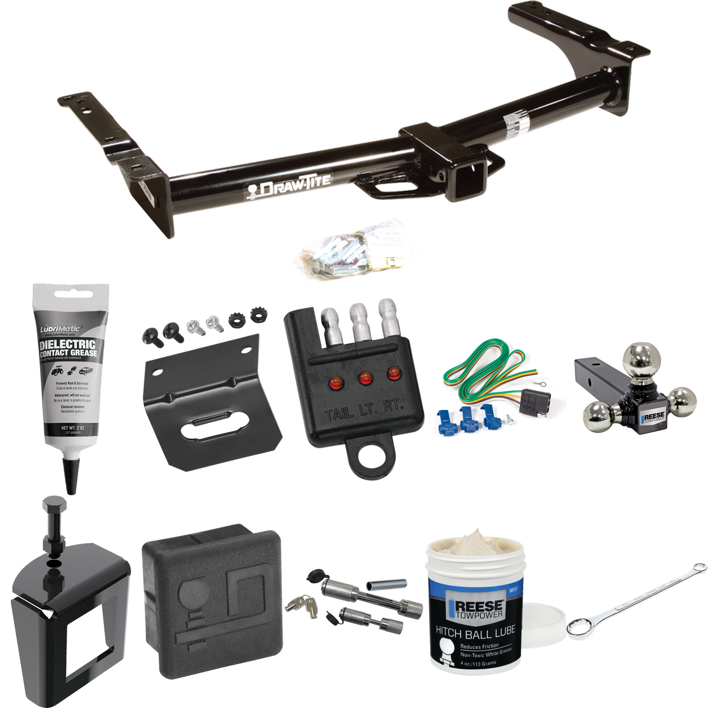 Fits 2003-2007 Ford E-150 Econoline Trailer Hitch Tow PKG w/ 4-Flat Wiring + Triple Ball Ball Mount 1-7/8" & 2" & 2-5/16" Trailer Balls + Wiring Bracket + Hitch Cover + Dual Hitch & Coupler Locks + Wiring Tester + Ball Lube + Electric Grease + Ball W