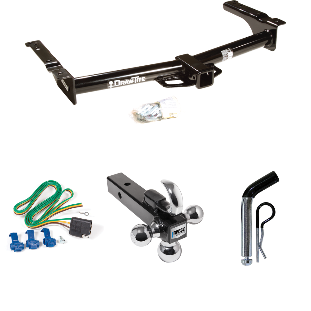 Fits 1975-1983 Ford E-100 Econoline Trailer Hitch Tow PKG w/ 4-Flat Wiring + Triple Ball Ball Mount 1-7/8" & 2" & 2-5/16" Trailer Balls w/ Tow Hook + Pin/Clip By Draw-Tite